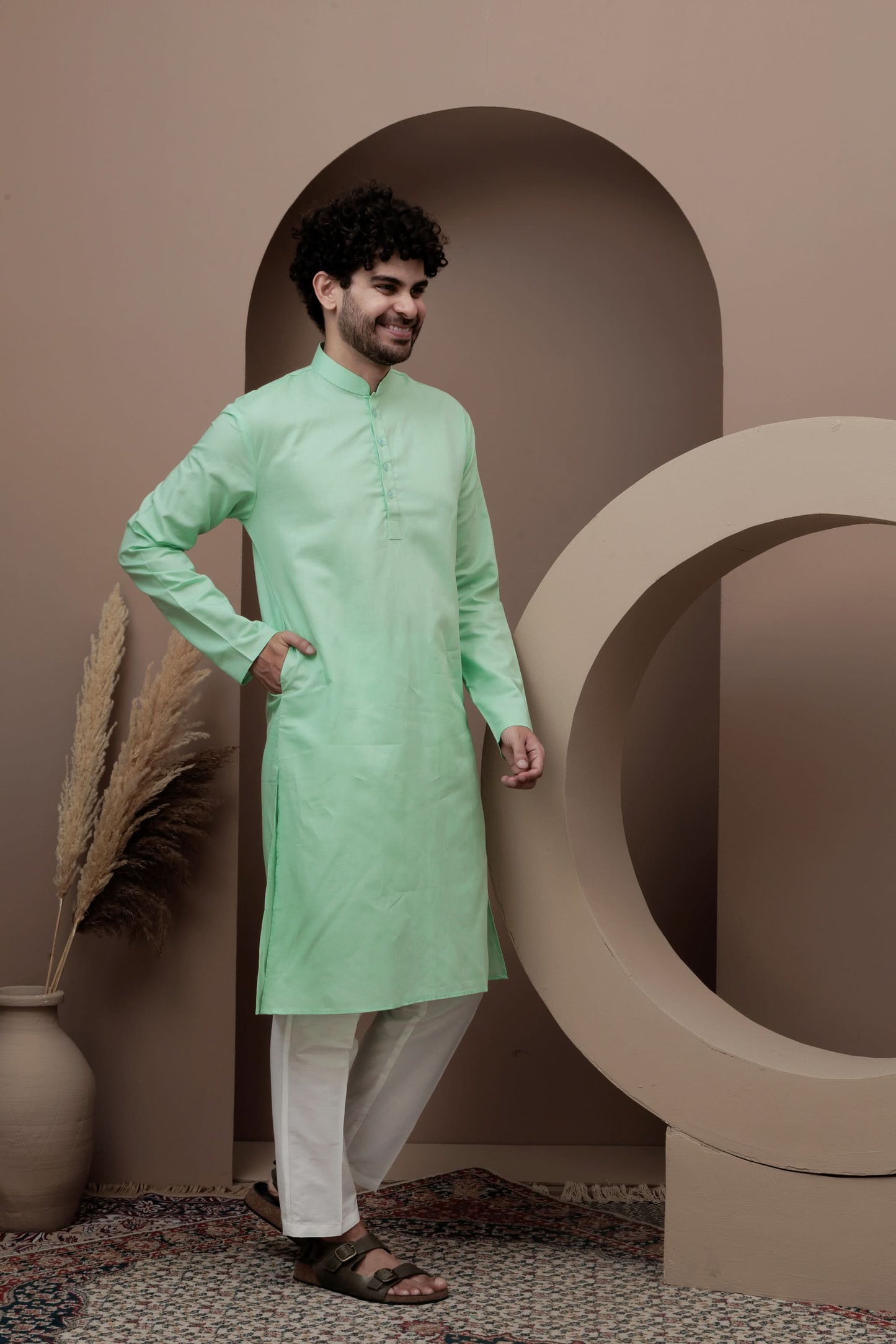 Green cotton silk kurta pajama for festive occasions