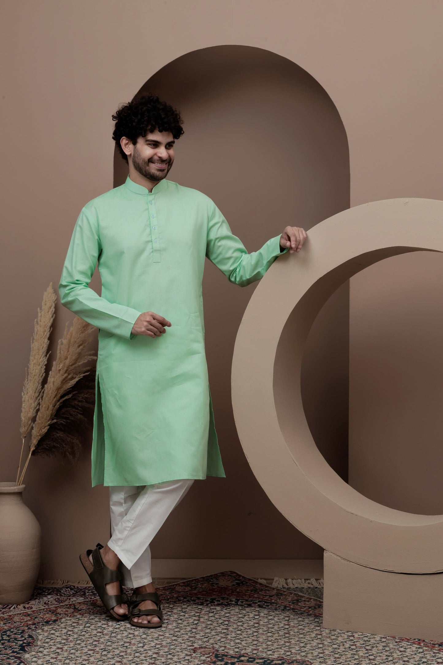 Green cotton silk kurta pajama for festive occasions