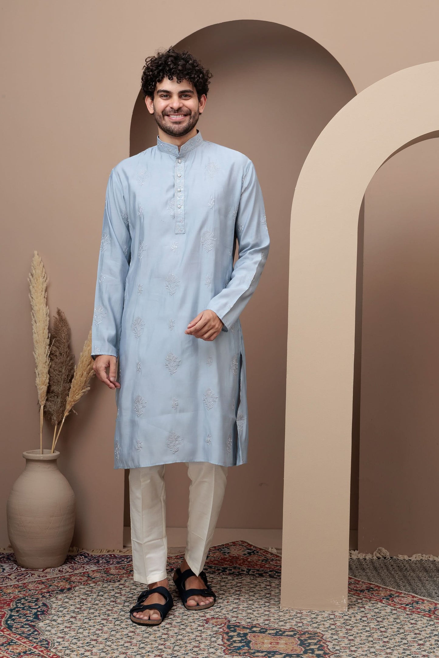 Aqua Blue cotton silk kurta pajama for festive occasions