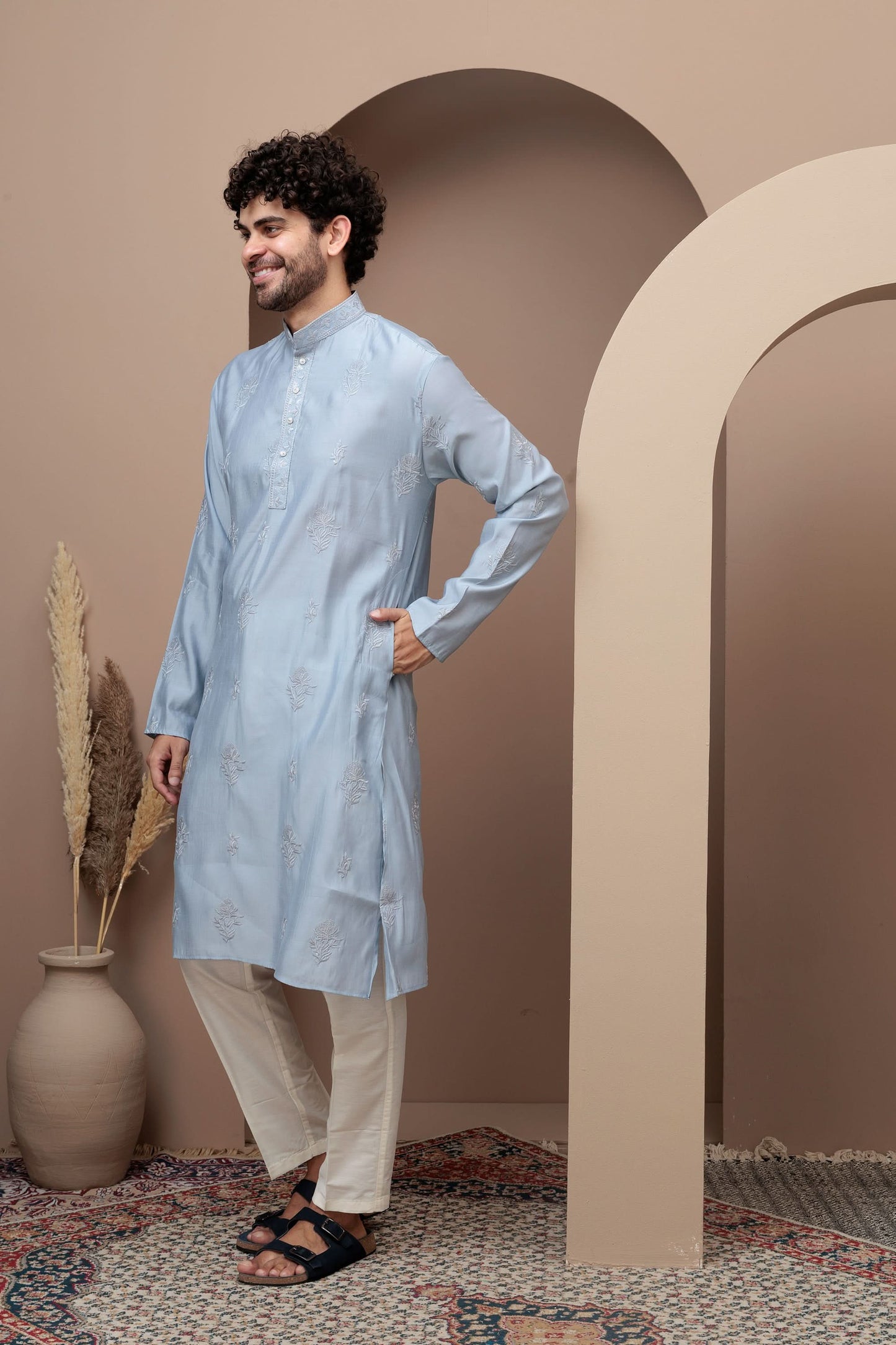 Aqua Blue cotton silk kurta pajama for festive occasions