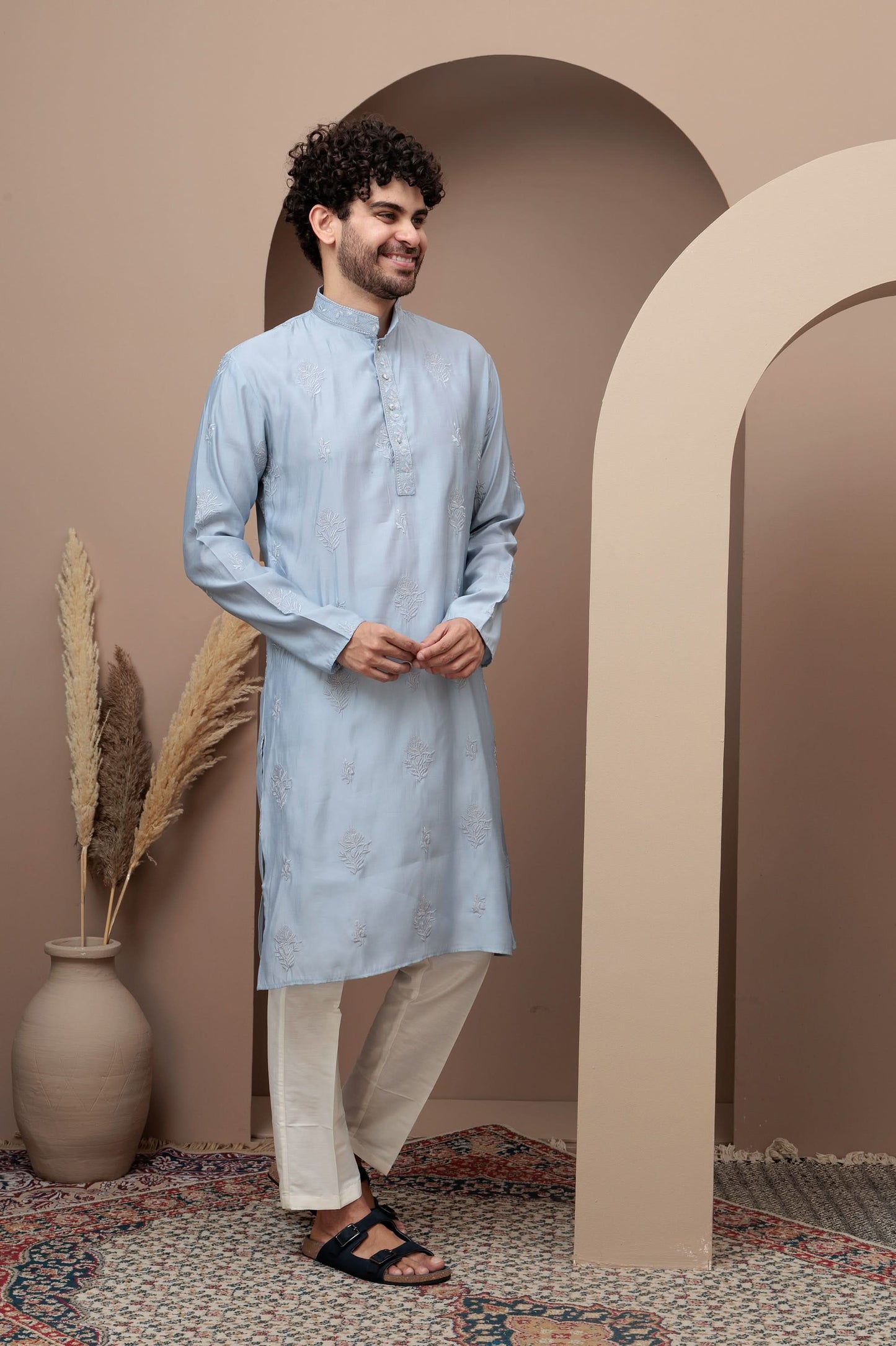 Aqua Blue cotton silk kurta pajama for festive occasions