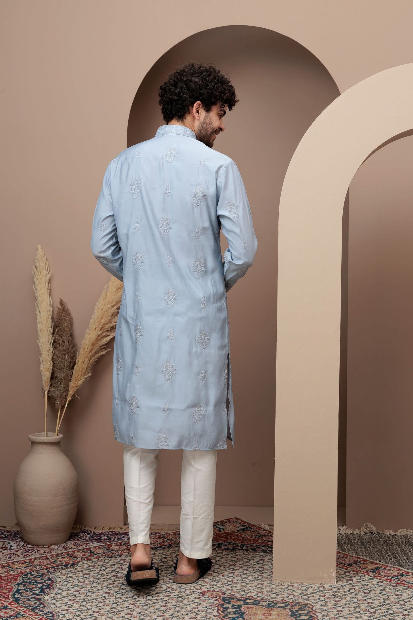 Aqua Blue cotton silk kurta pajama for festive occasions