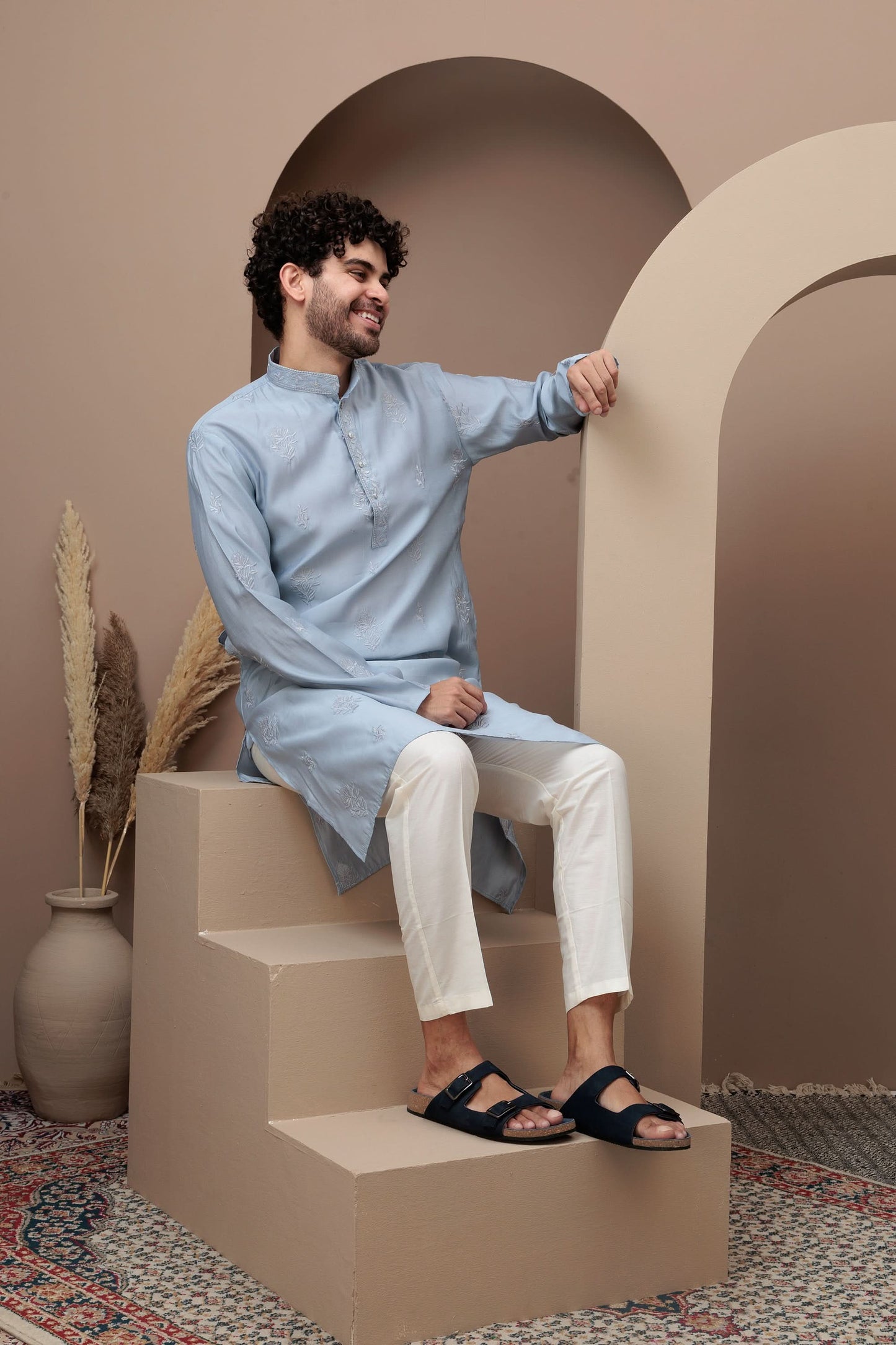 Aqua Blue cotton silk kurta pajama for festive occasions