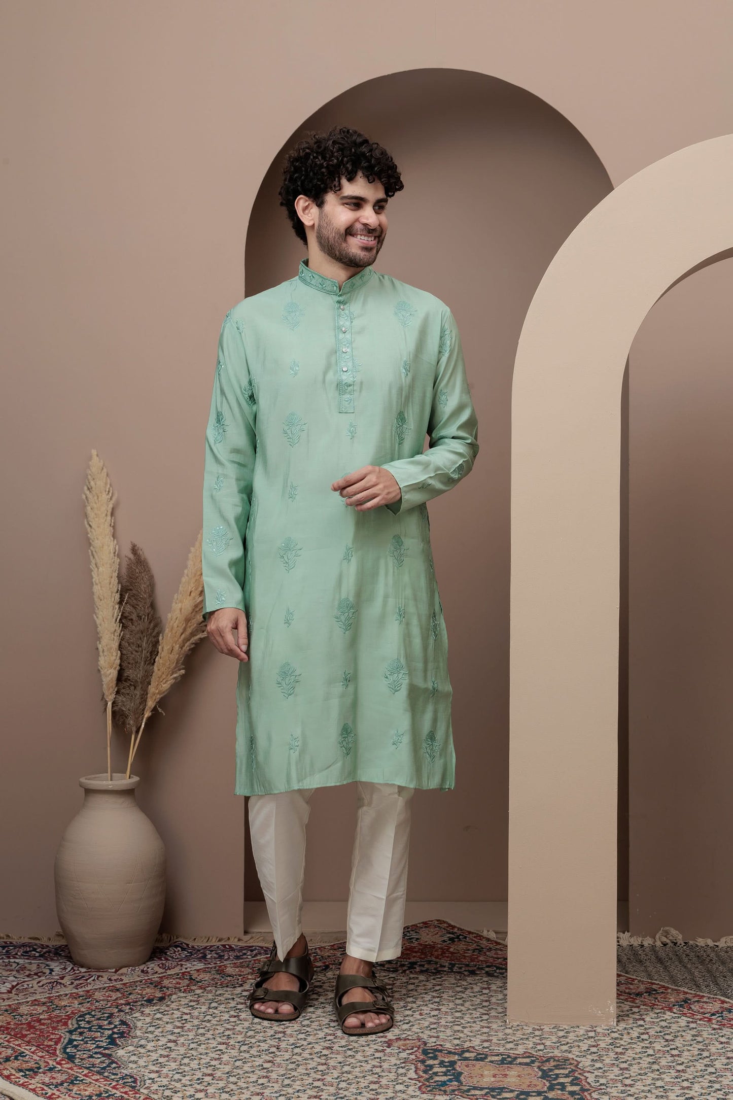 Sea Green cotton silk kurta pajama for festive occasions