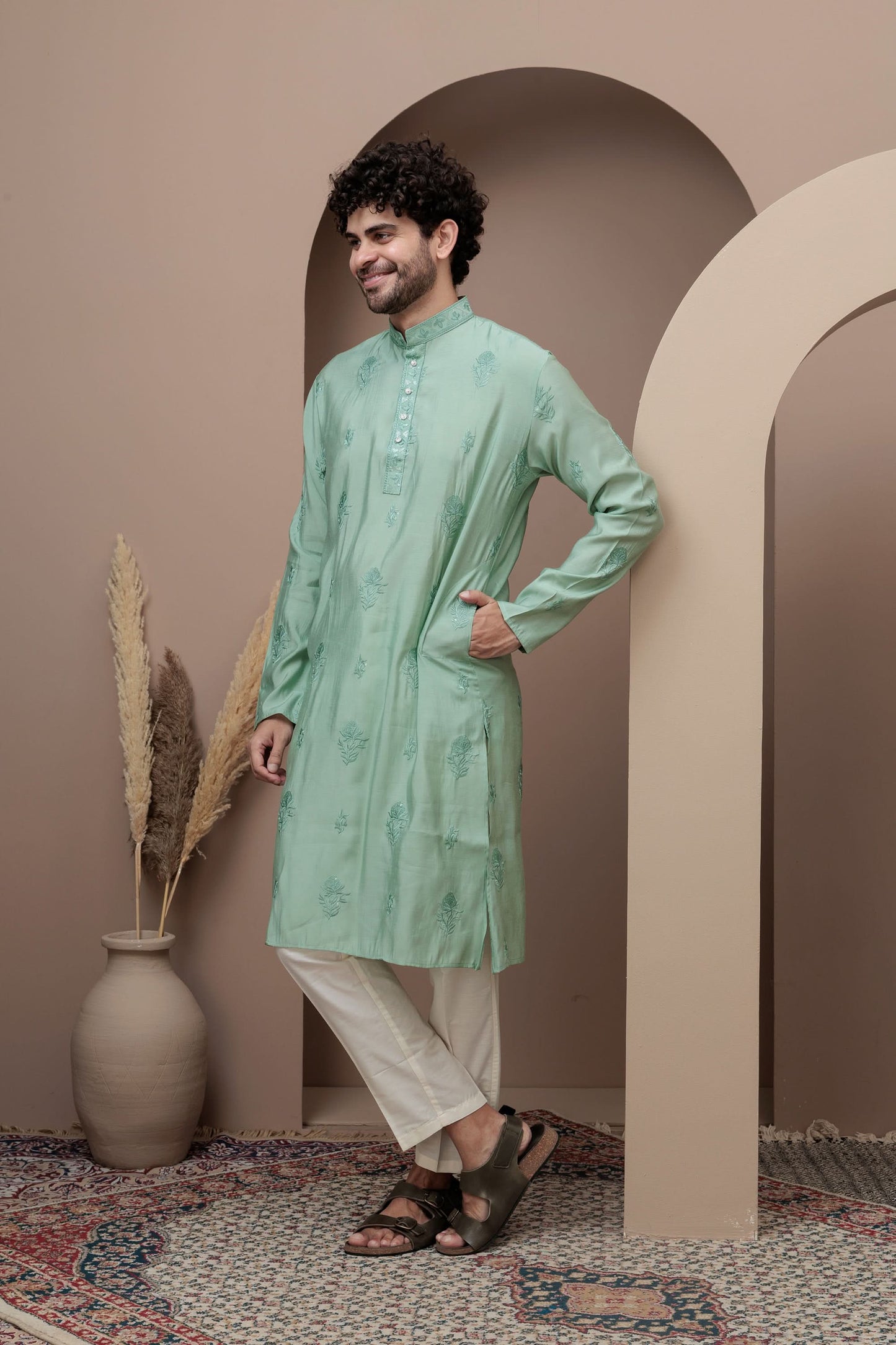 Sea Green cotton silk kurta pajama for festive occasions