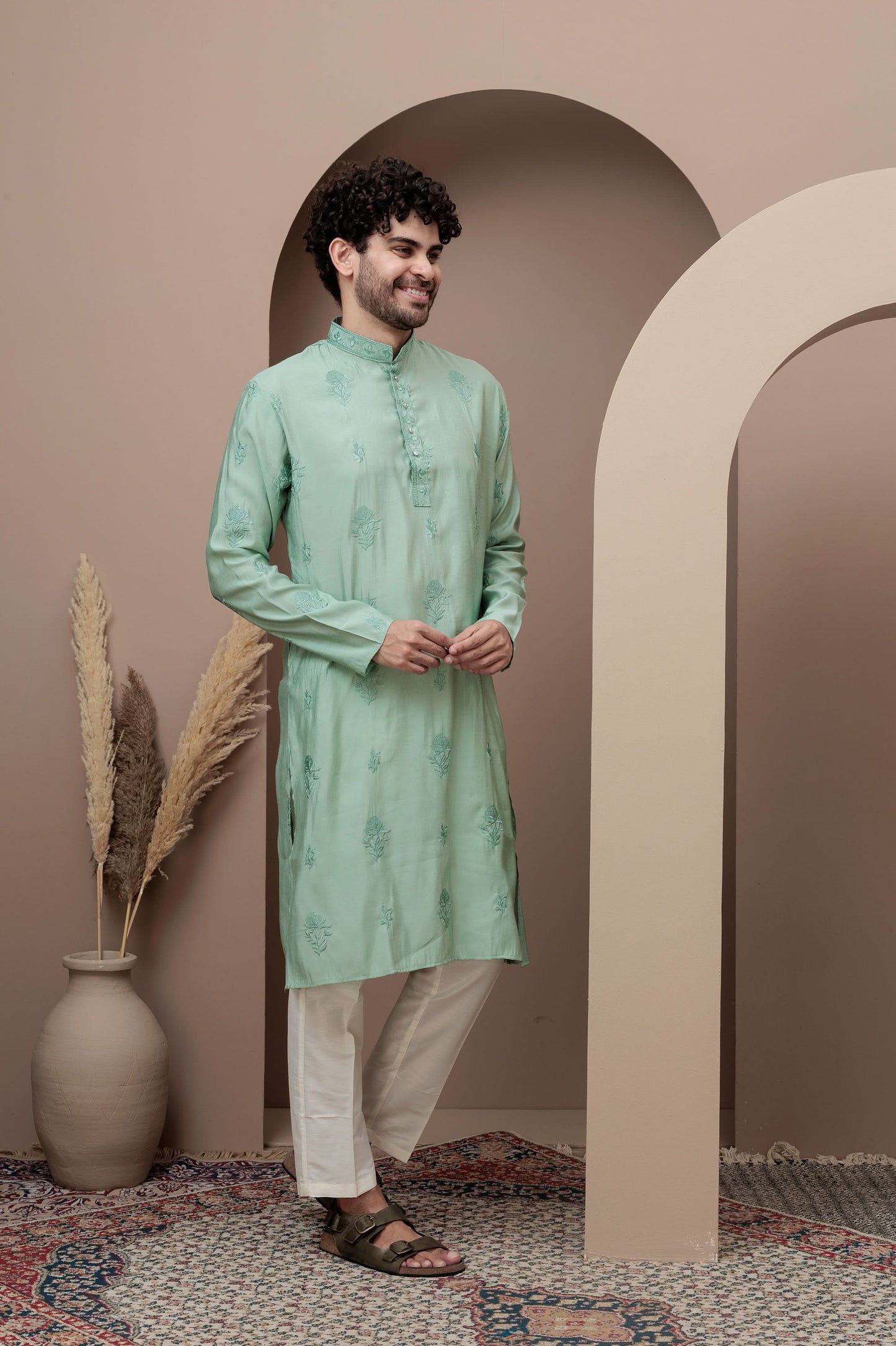 Sea Green cotton silk kurta pajama for festive occasions
