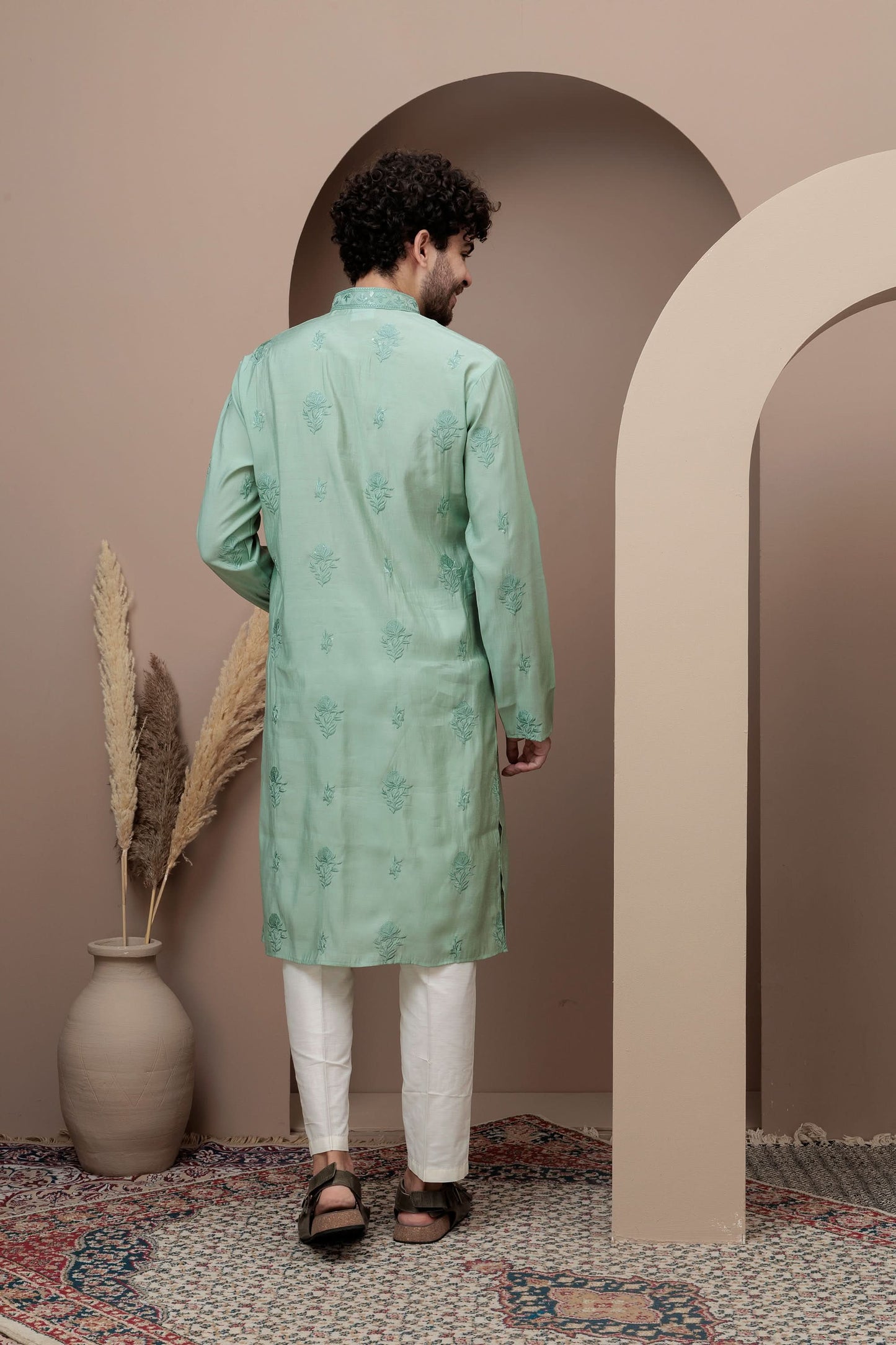 Sea Green cotton silk kurta pajama for festive occasions