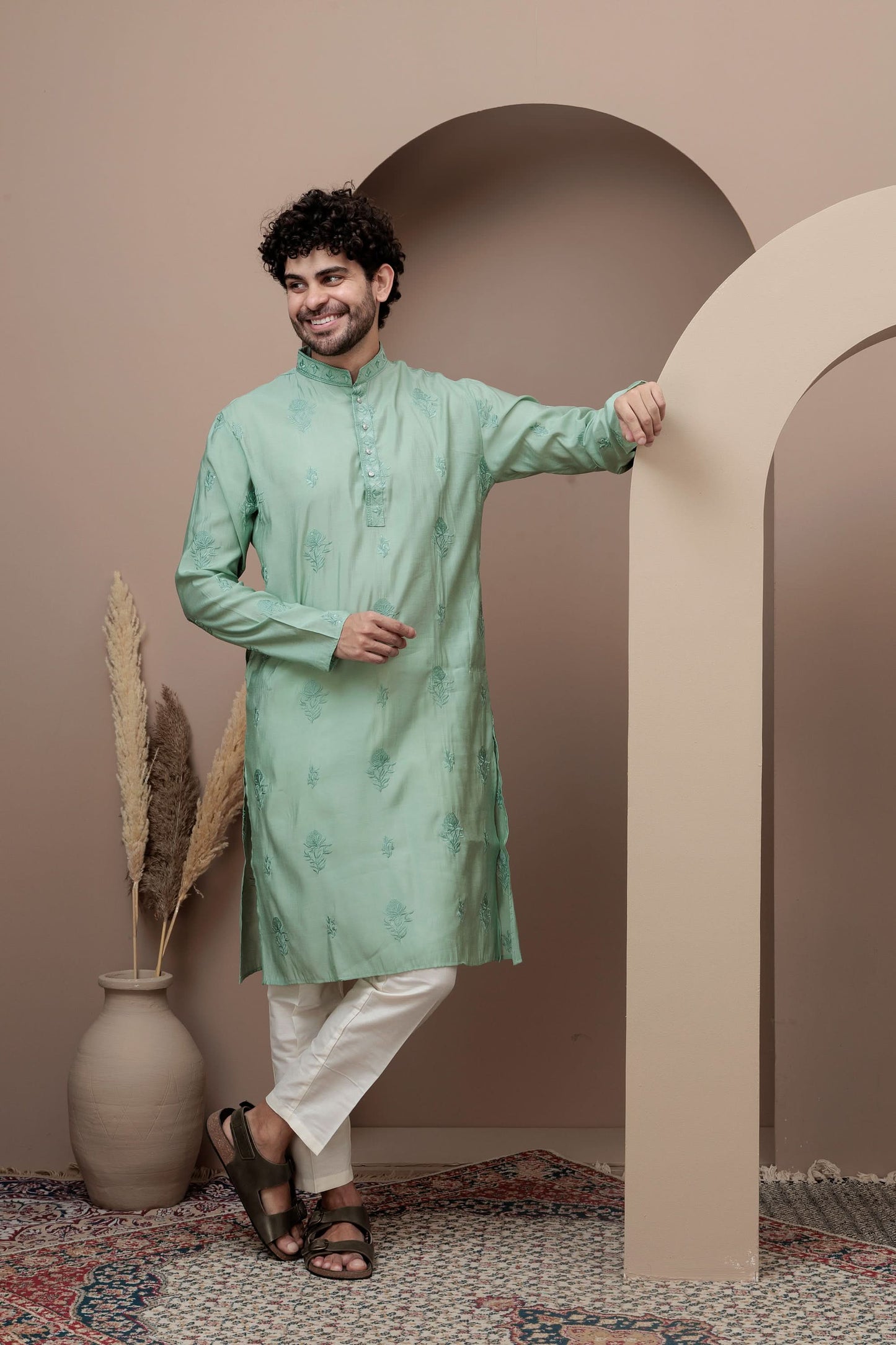 Sea Green cotton silk kurta pajama for festive occasions