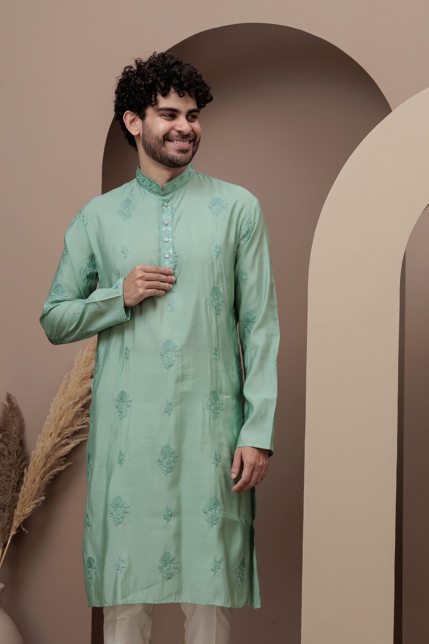 Sea Green cotton silk kurta pajama for festive occasions