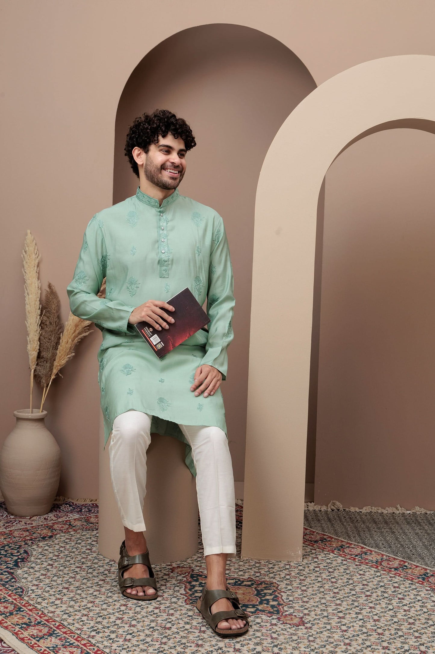 Sea Green cotton silk kurta pajama for festive occasions