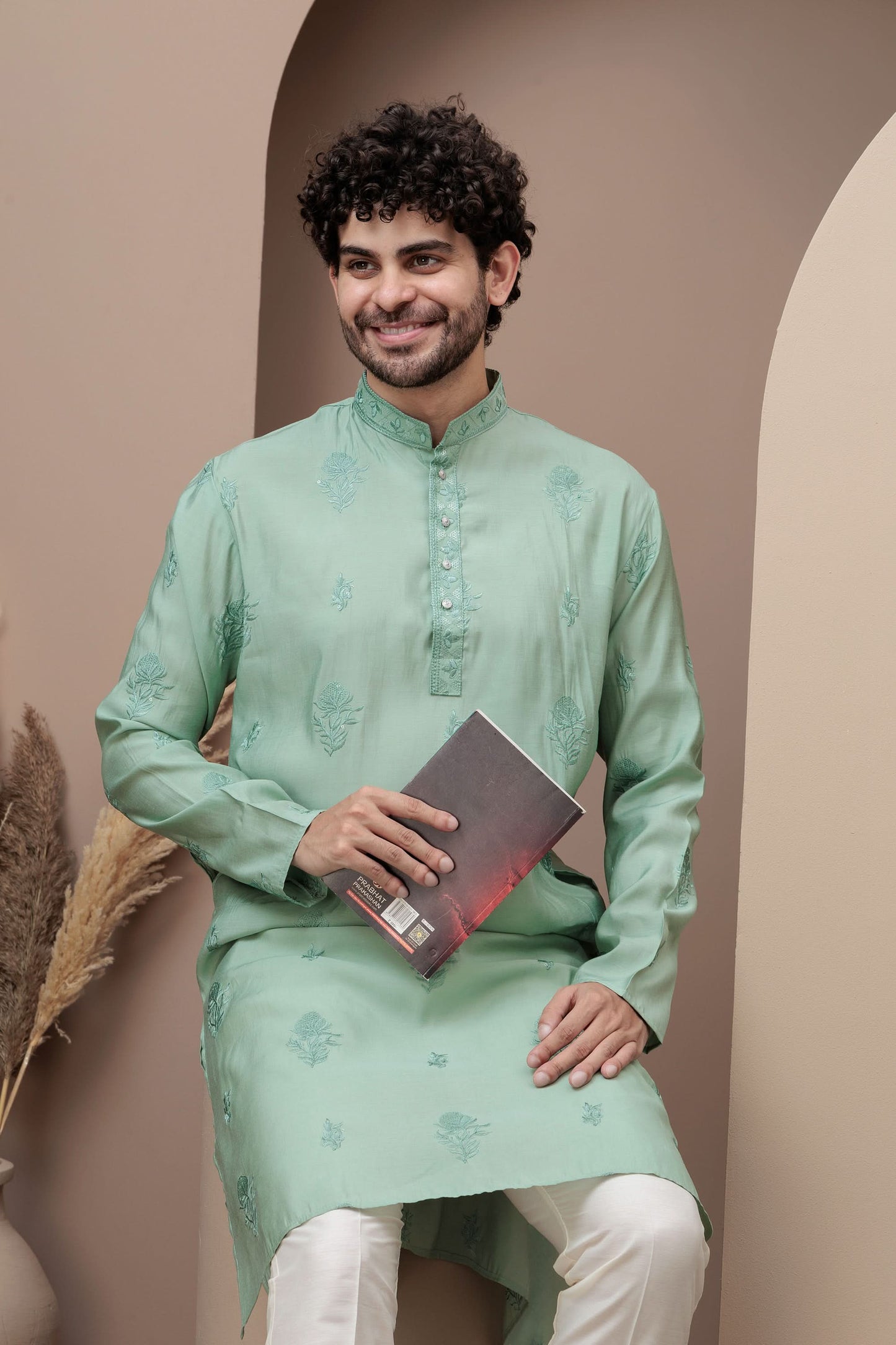 Sea Green cotton silk kurta pajama for festive occasions