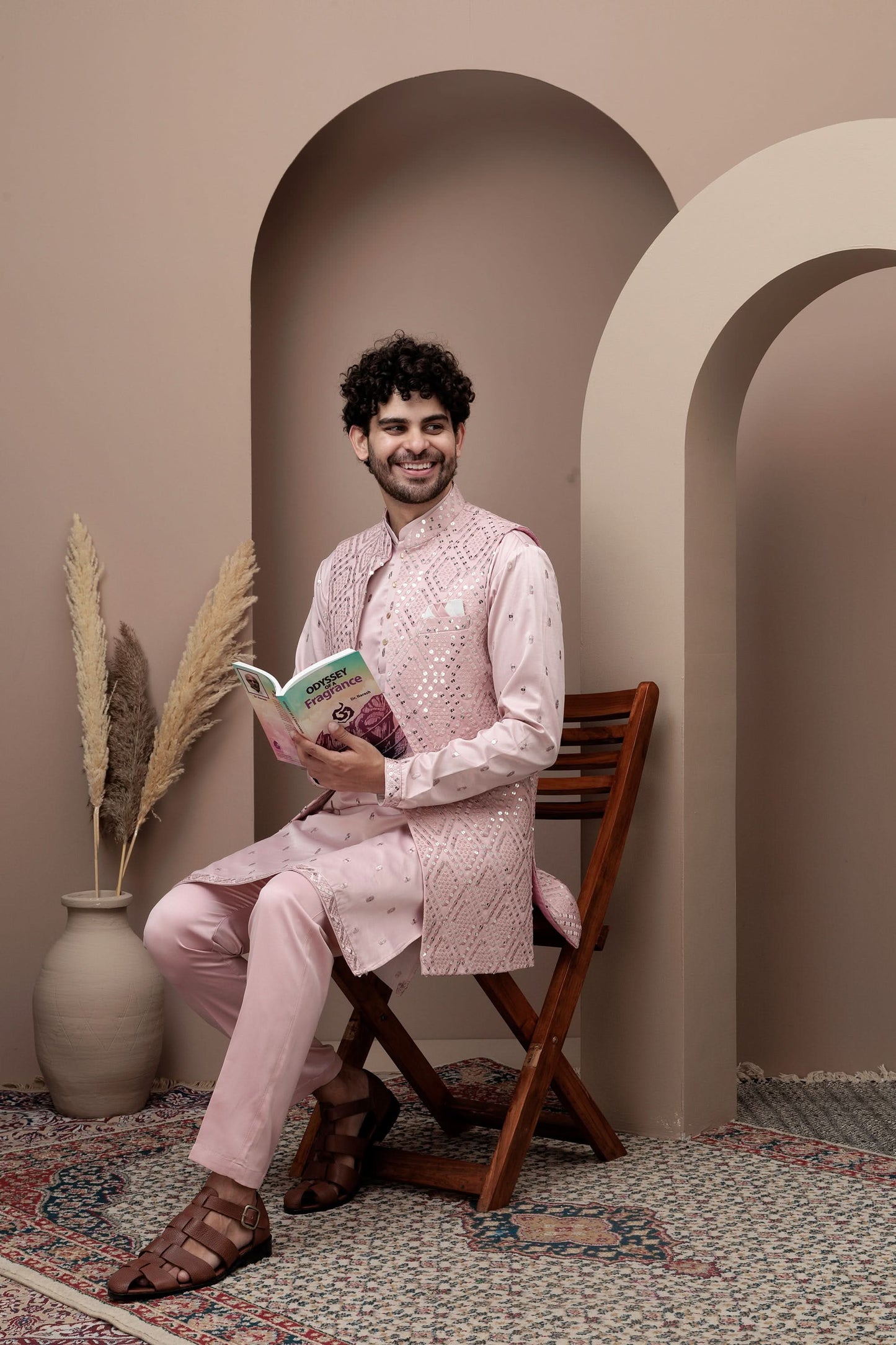 Pink cotton kurta pajama with matching embroidered jacket