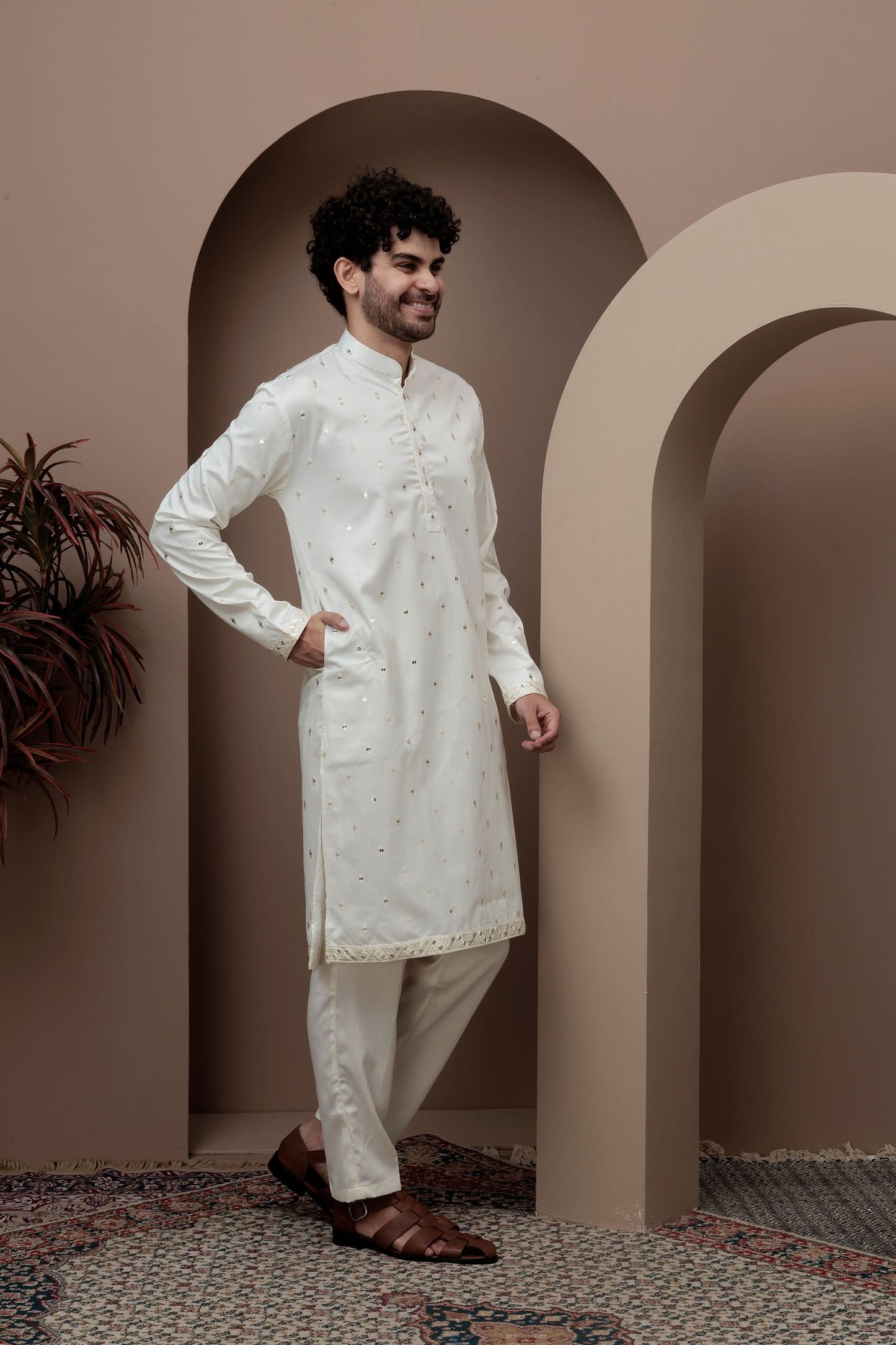 White kurta pajama with matching embroidered jacket