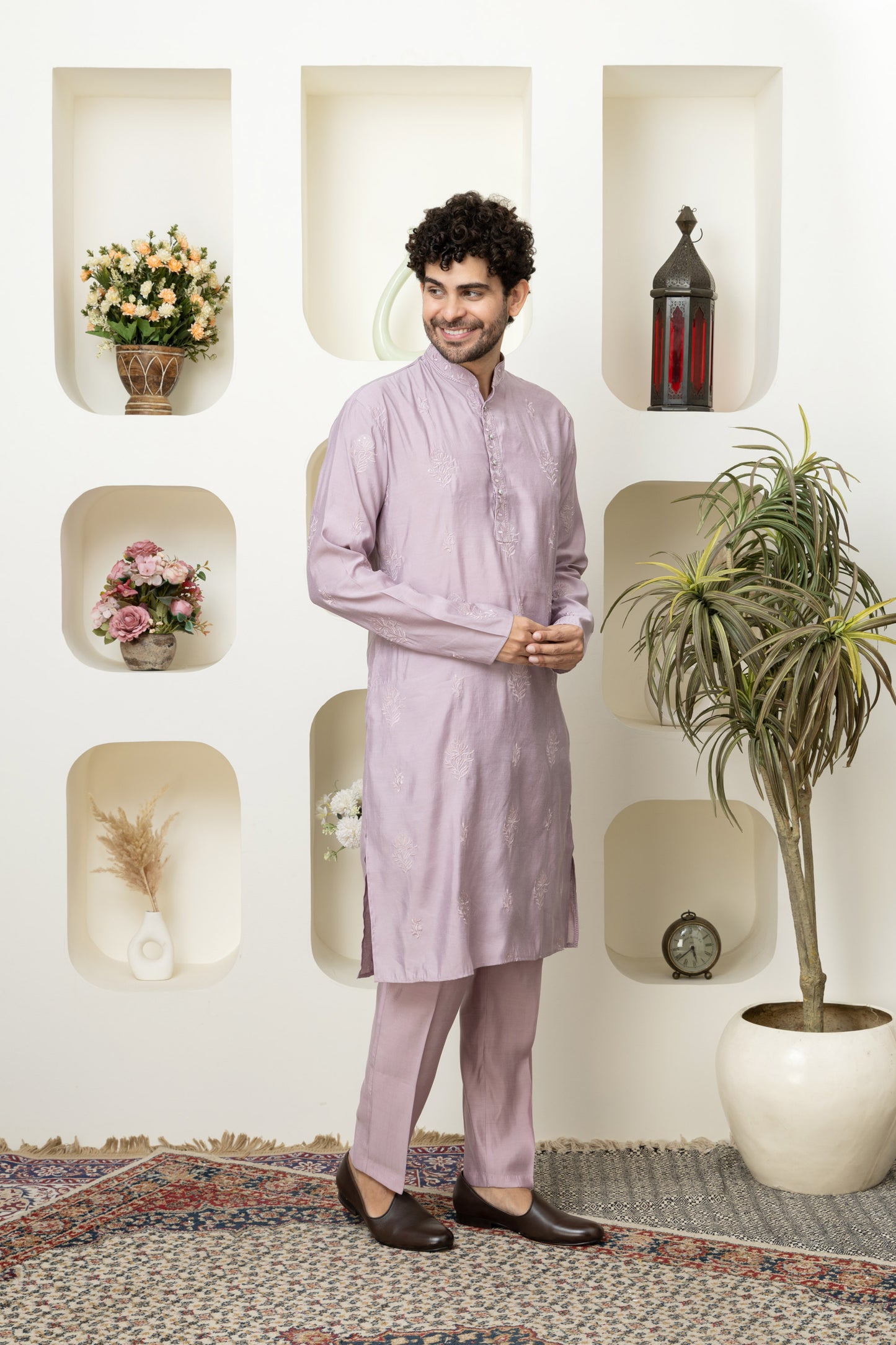 Classic Onion Pink Cotton Silk Embroidered Kurta – A Ethnic Must-Have for Menswear