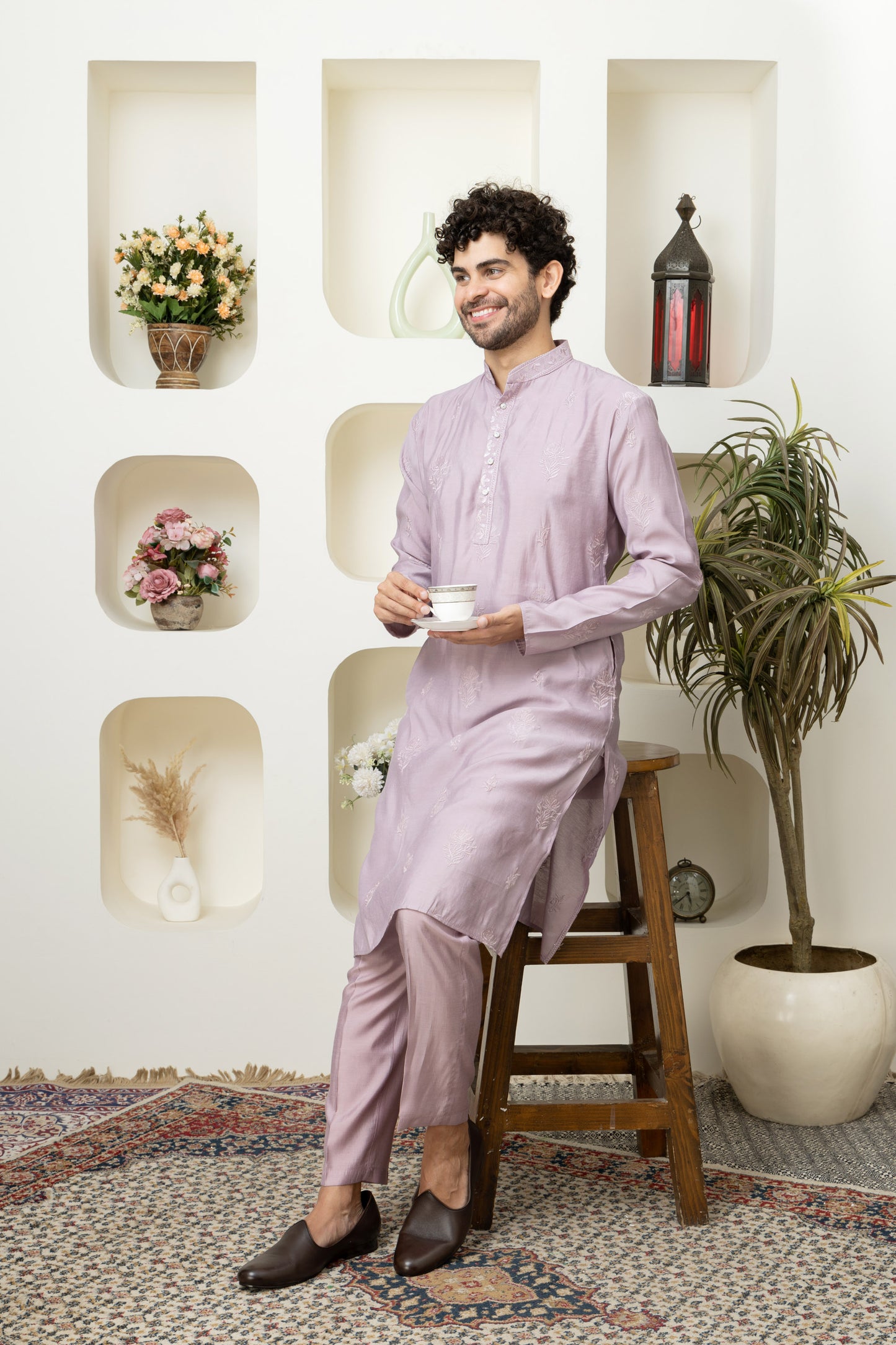 Classic Onion Pink Cotton Silk Embroidered Kurta – A Ethnic Must-Have for Menswear