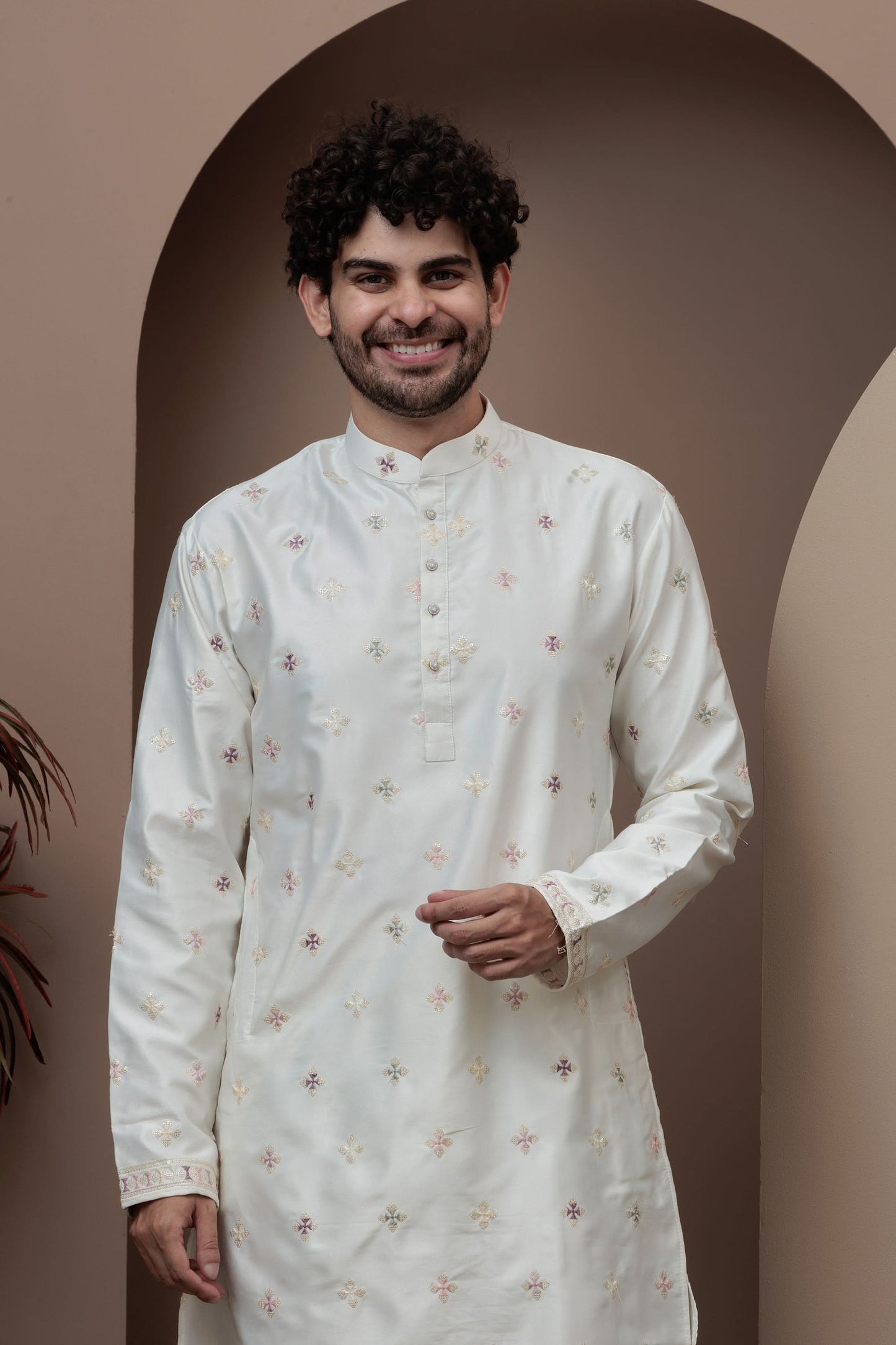 White kurta pajama with matching embroidered jacket
