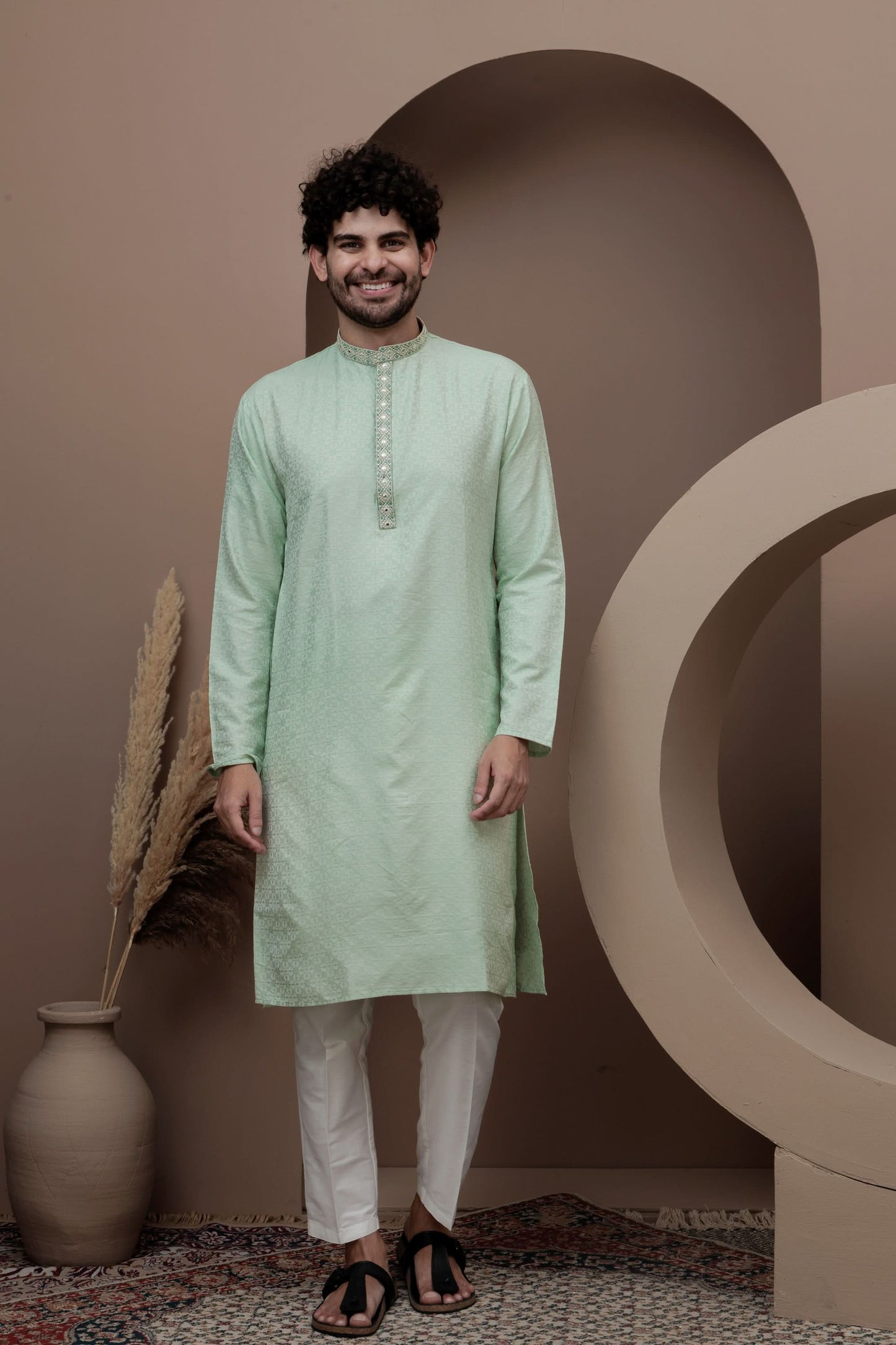 Green cotton silk kurta pajama for festive occasions
