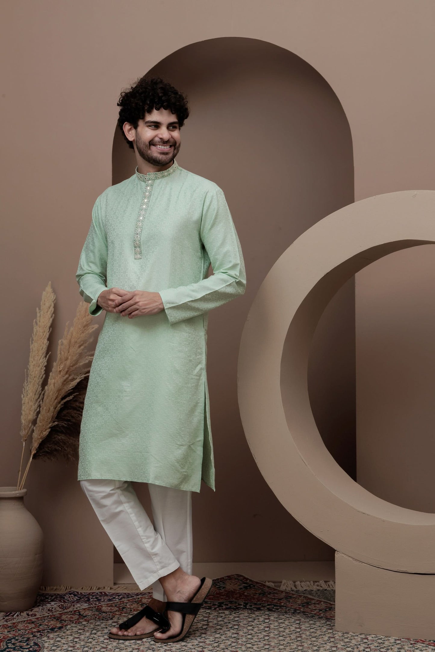 Green cotton silk kurta pajama for festive occasions