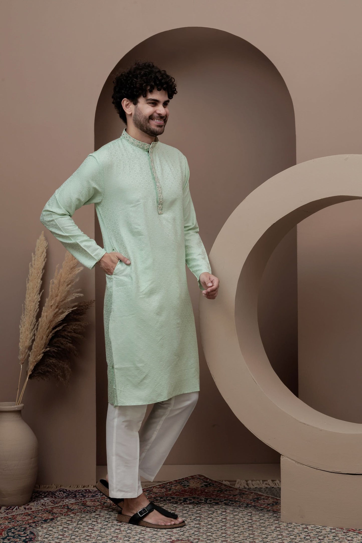 Green cotton silk kurta pajama for festive occasions