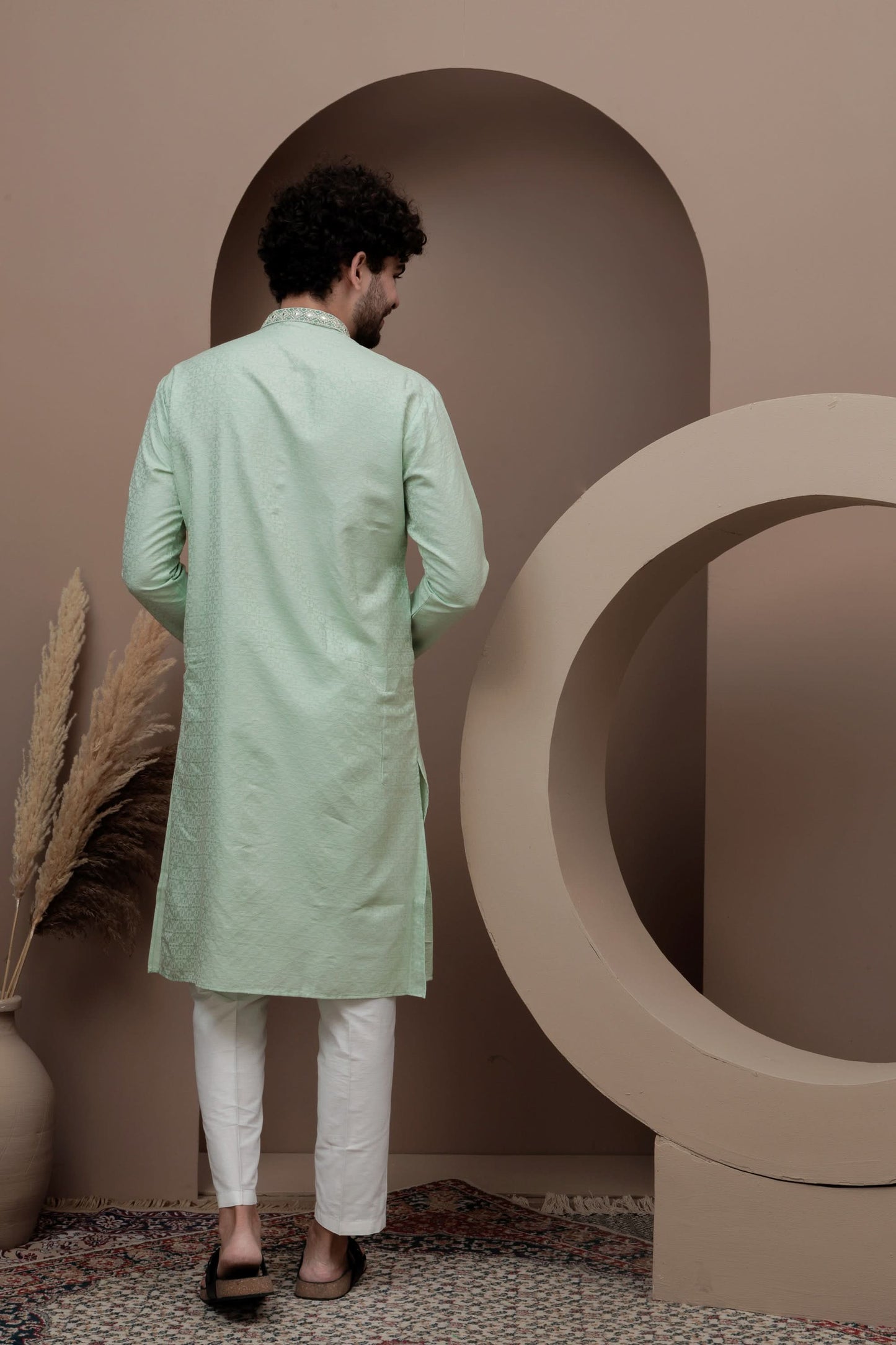 Green cotton silk kurta pajama for festive occasions