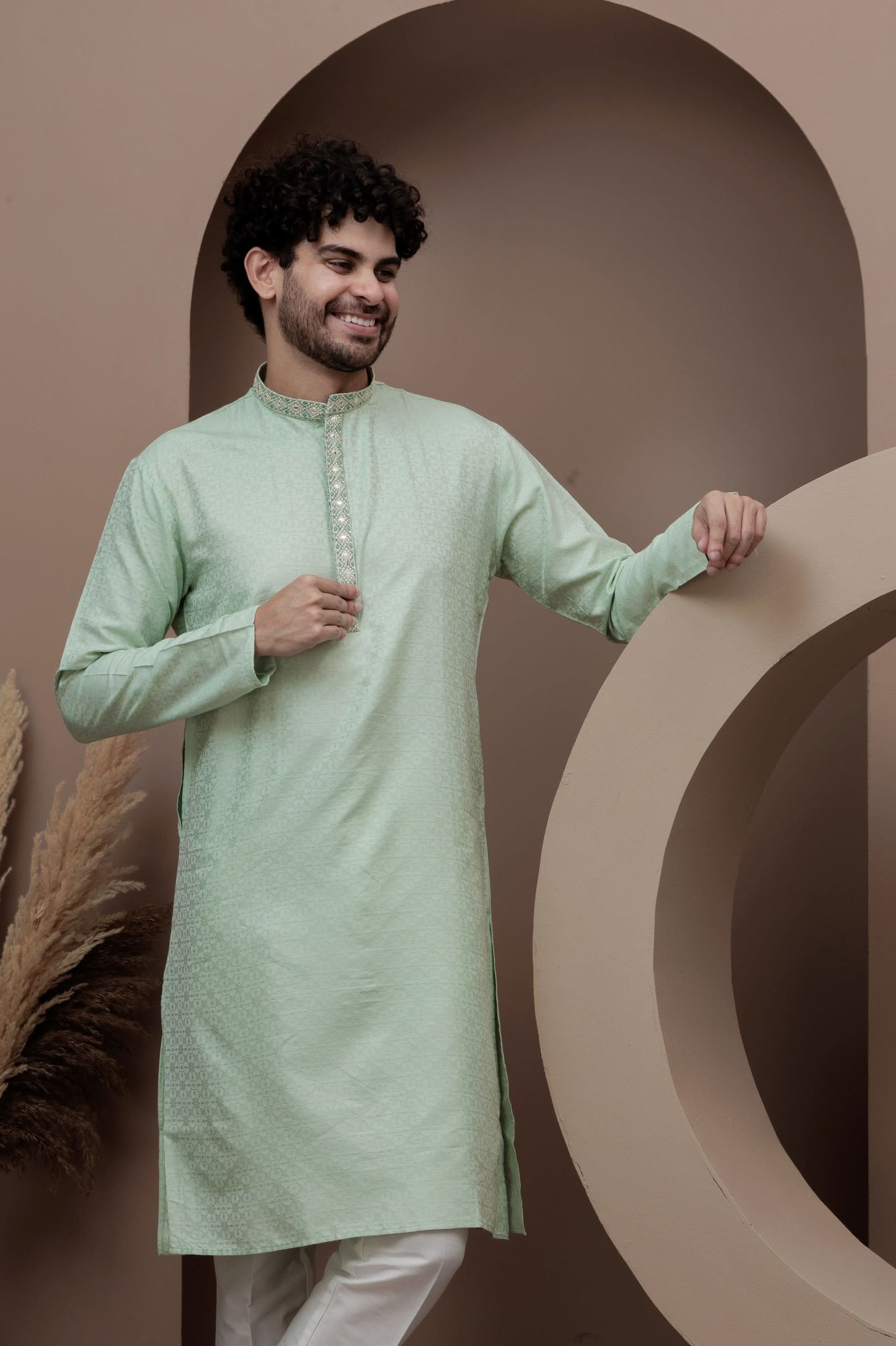 Green cotton silk kurta pajama for festive occasions