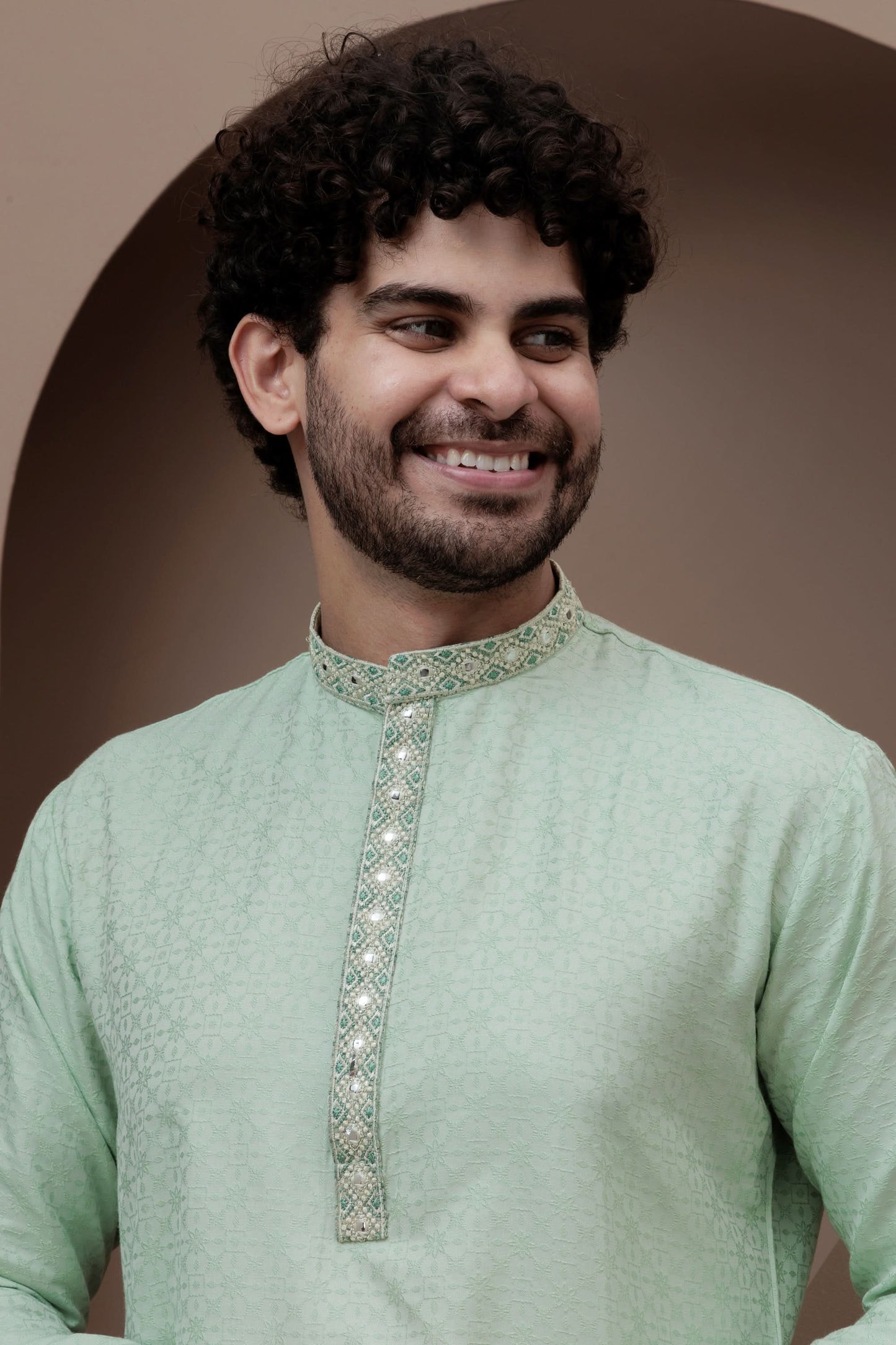 Green cotton silk kurta pajama for festive occasions