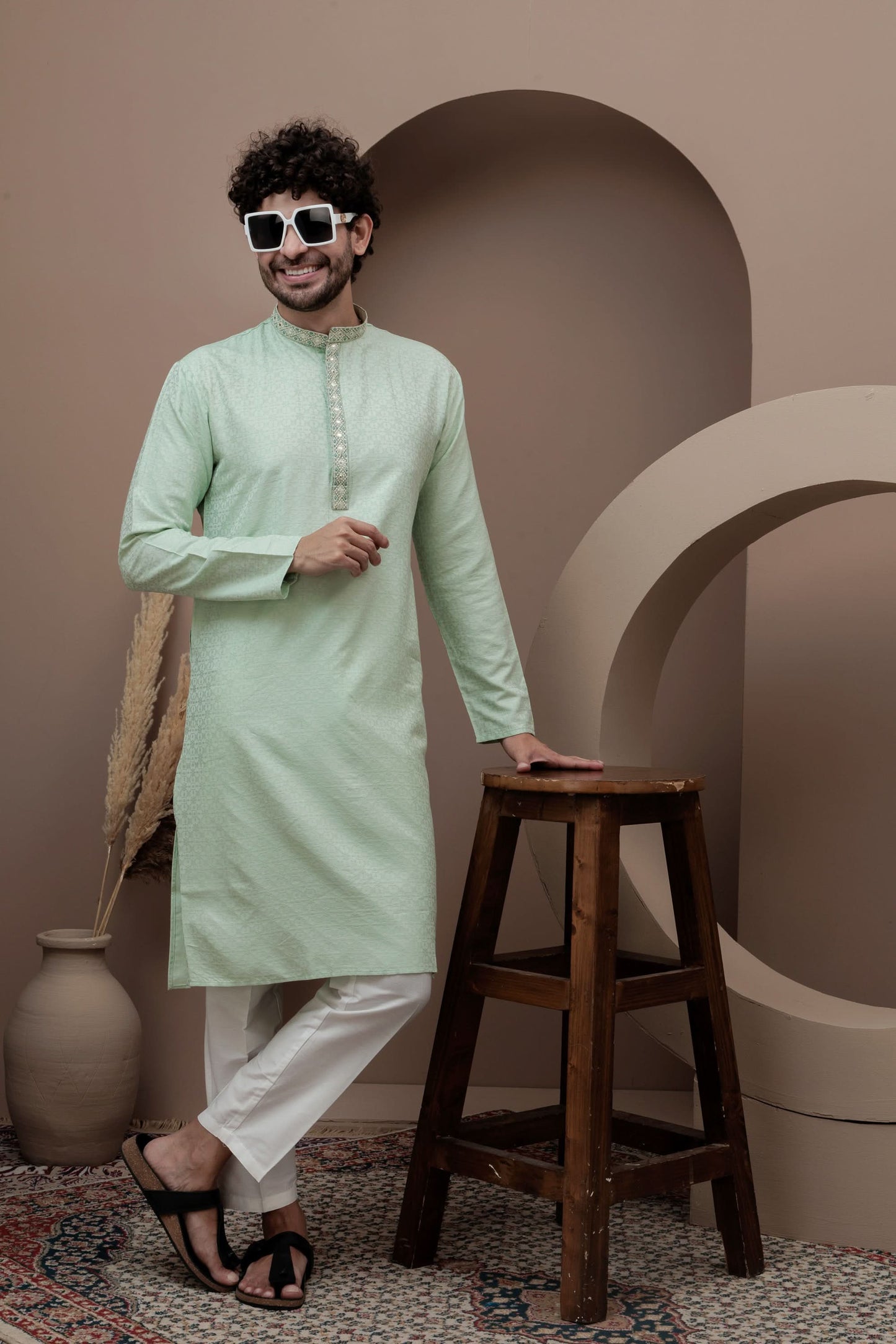 Green cotton silk kurta pajama for festive occasions
