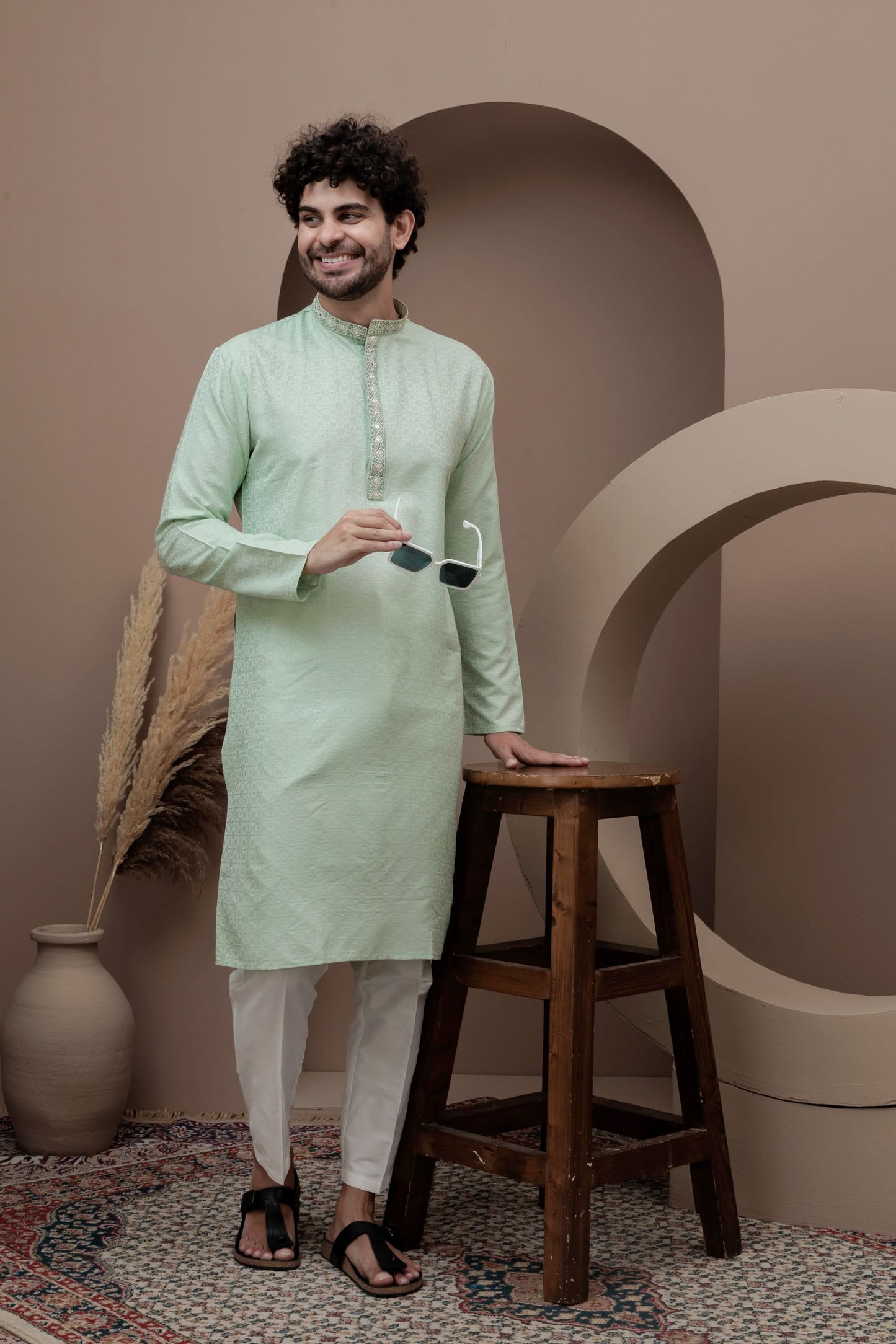Green cotton silk kurta pajama for festive occasions