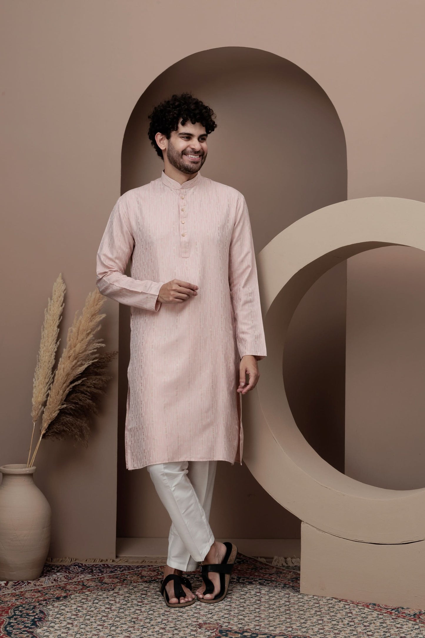 Pink cotton silk kurta pajama for festive occasions