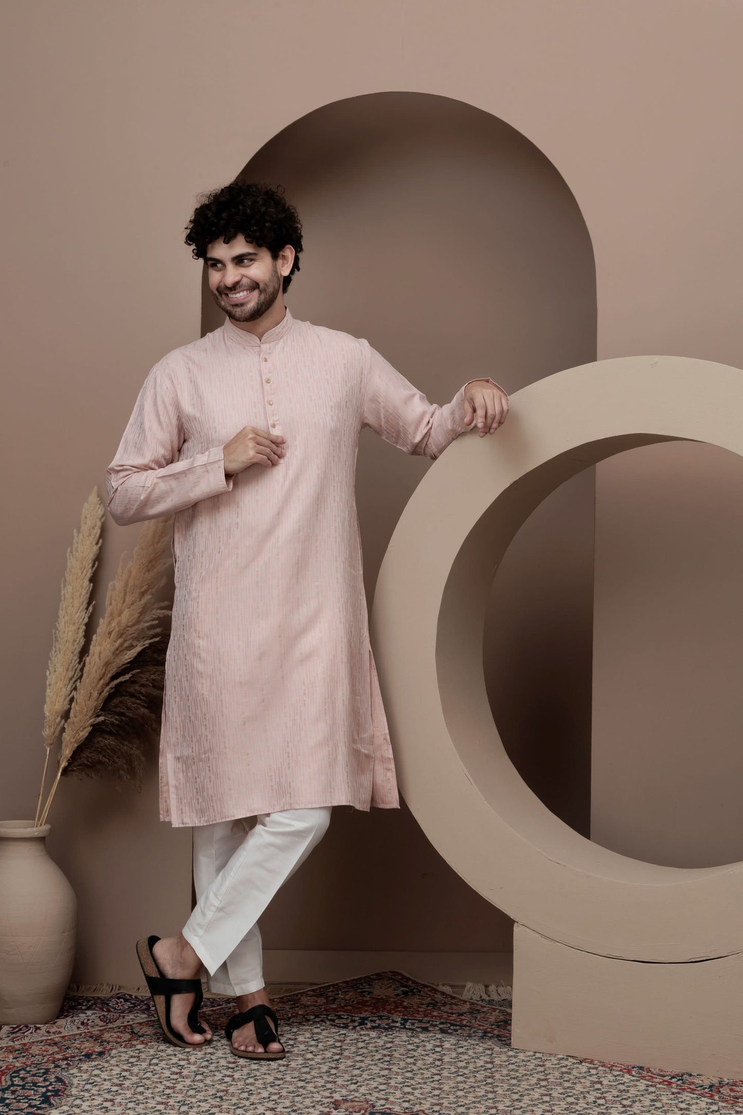 Pink cotton silk kurta pajama for festive occasions