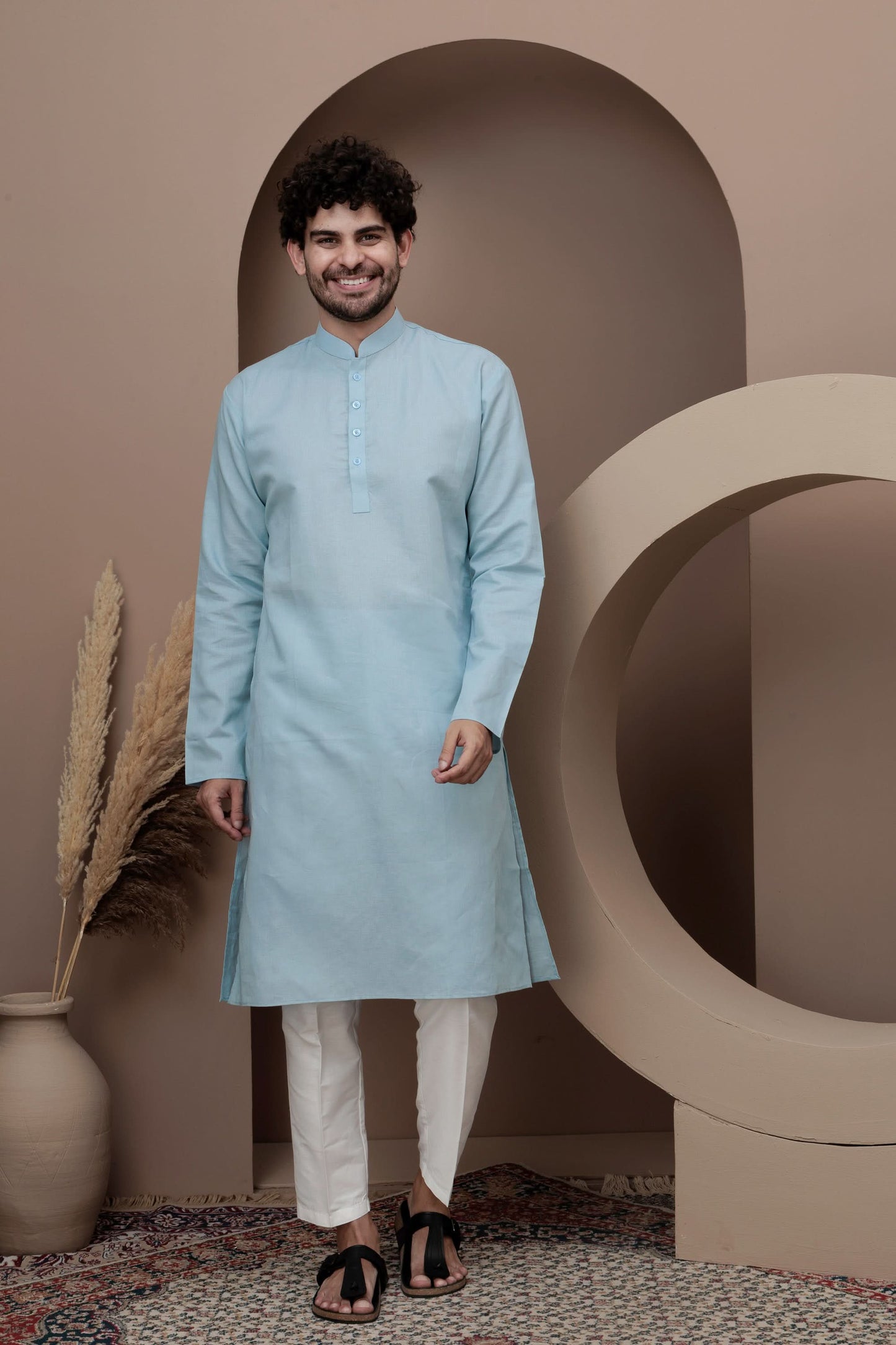 Blue cotton silk kurta pajama for festive occasions