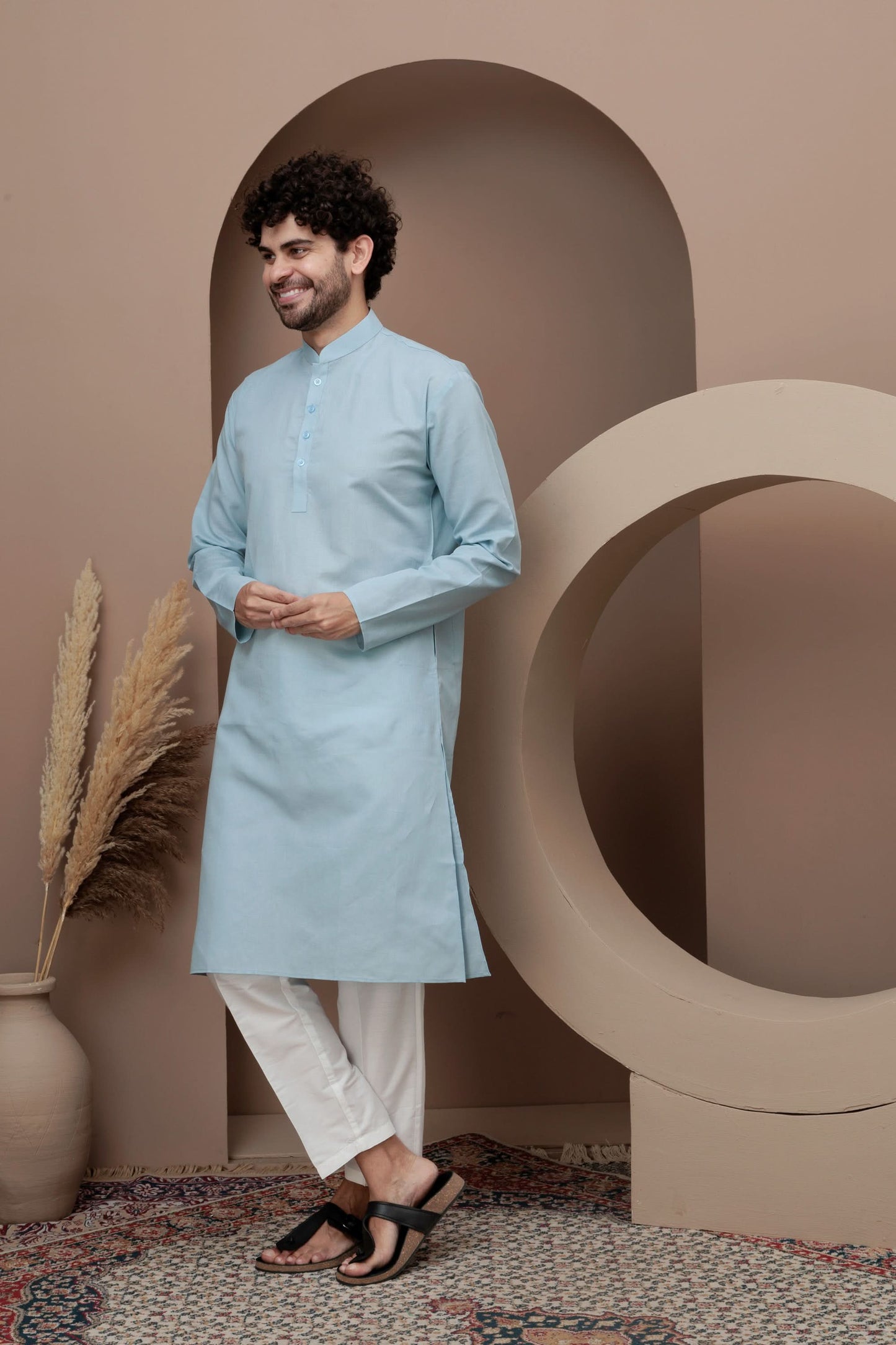 Blue cotton silk kurta pajama for festive occasions
