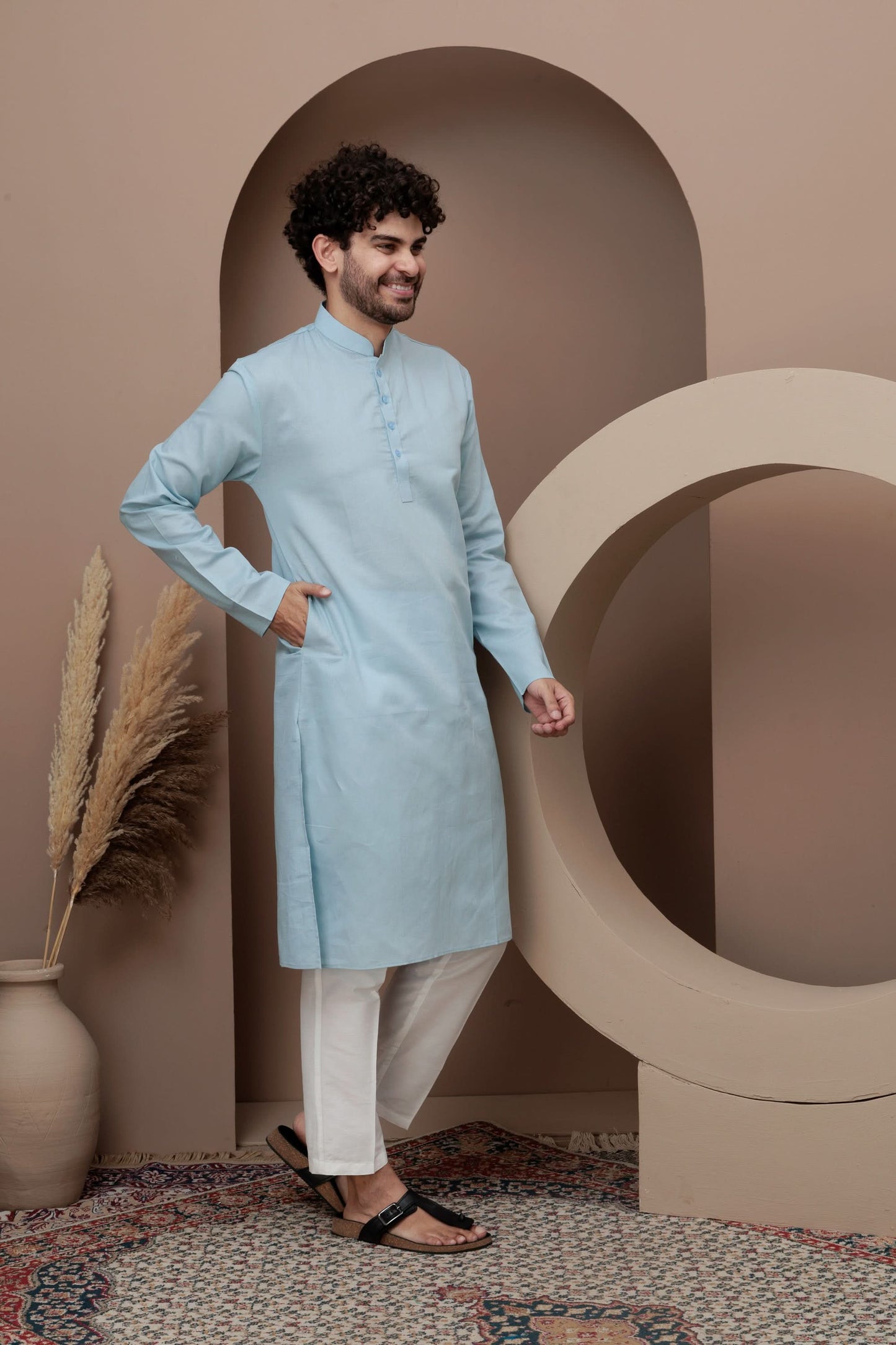 Blue cotton silk kurta pajama for festive occasions