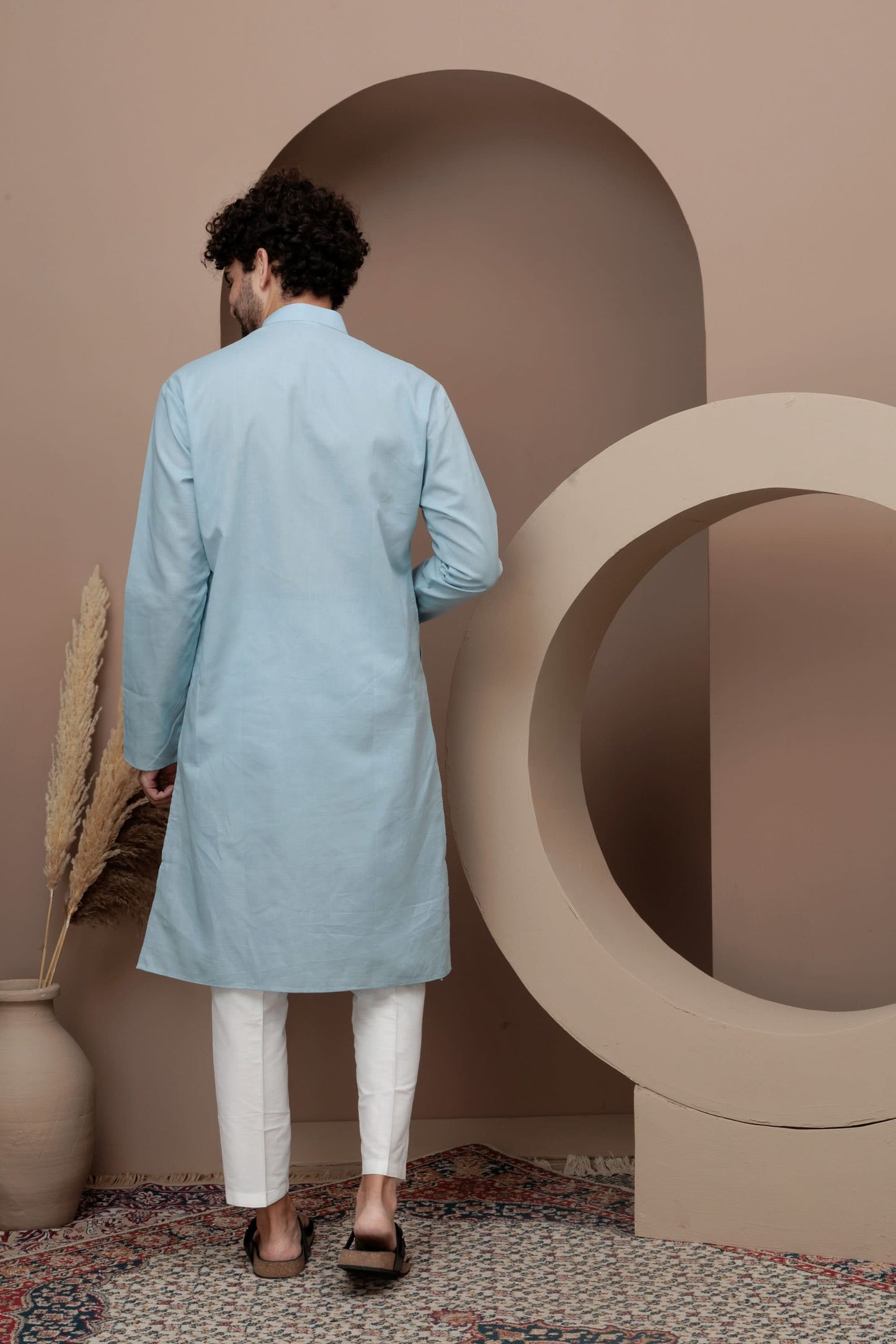 Blue cotton silk kurta pajama for festive occasions
