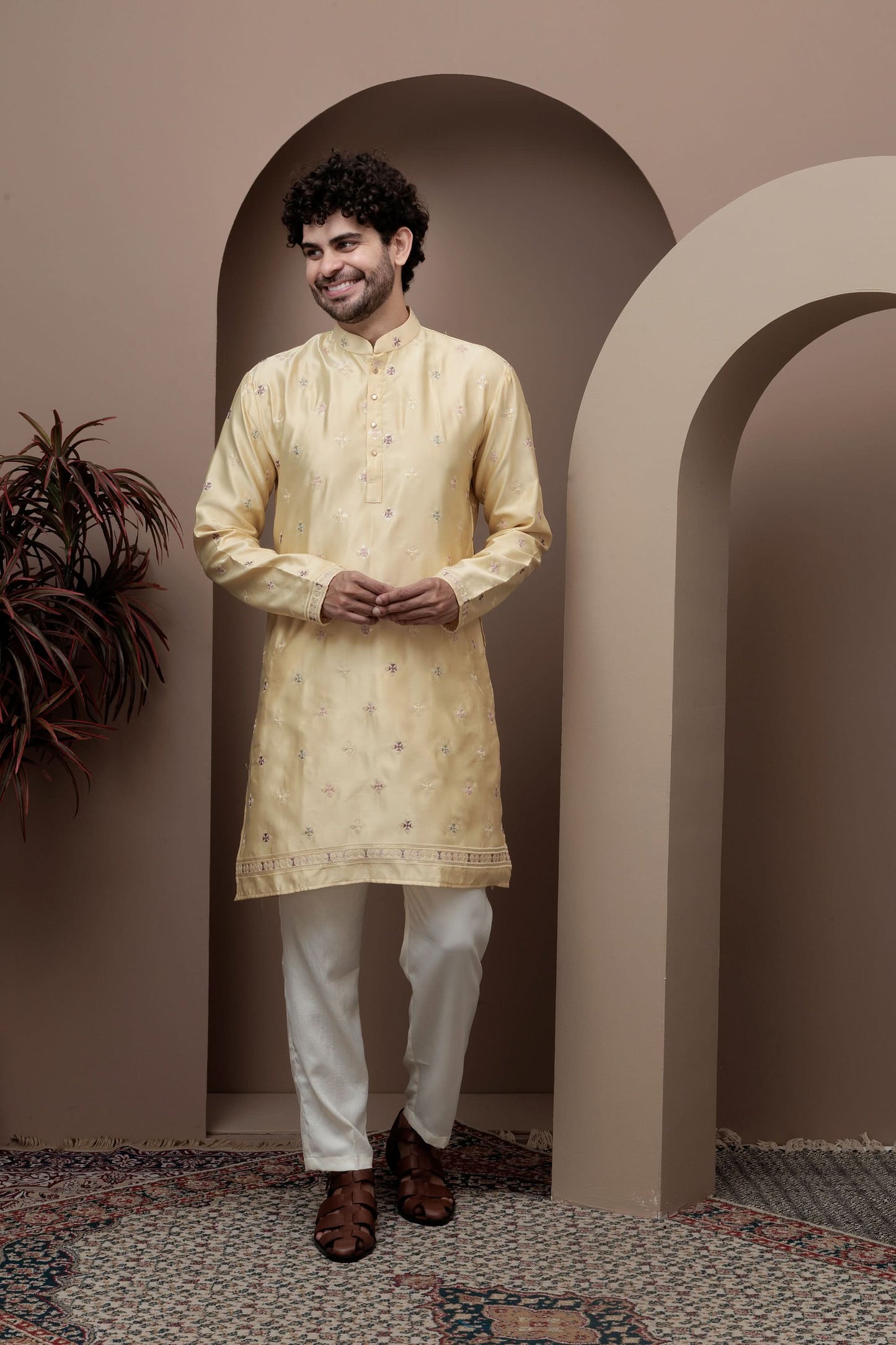 Yellow kurta pajama with matching embroidered jacket
