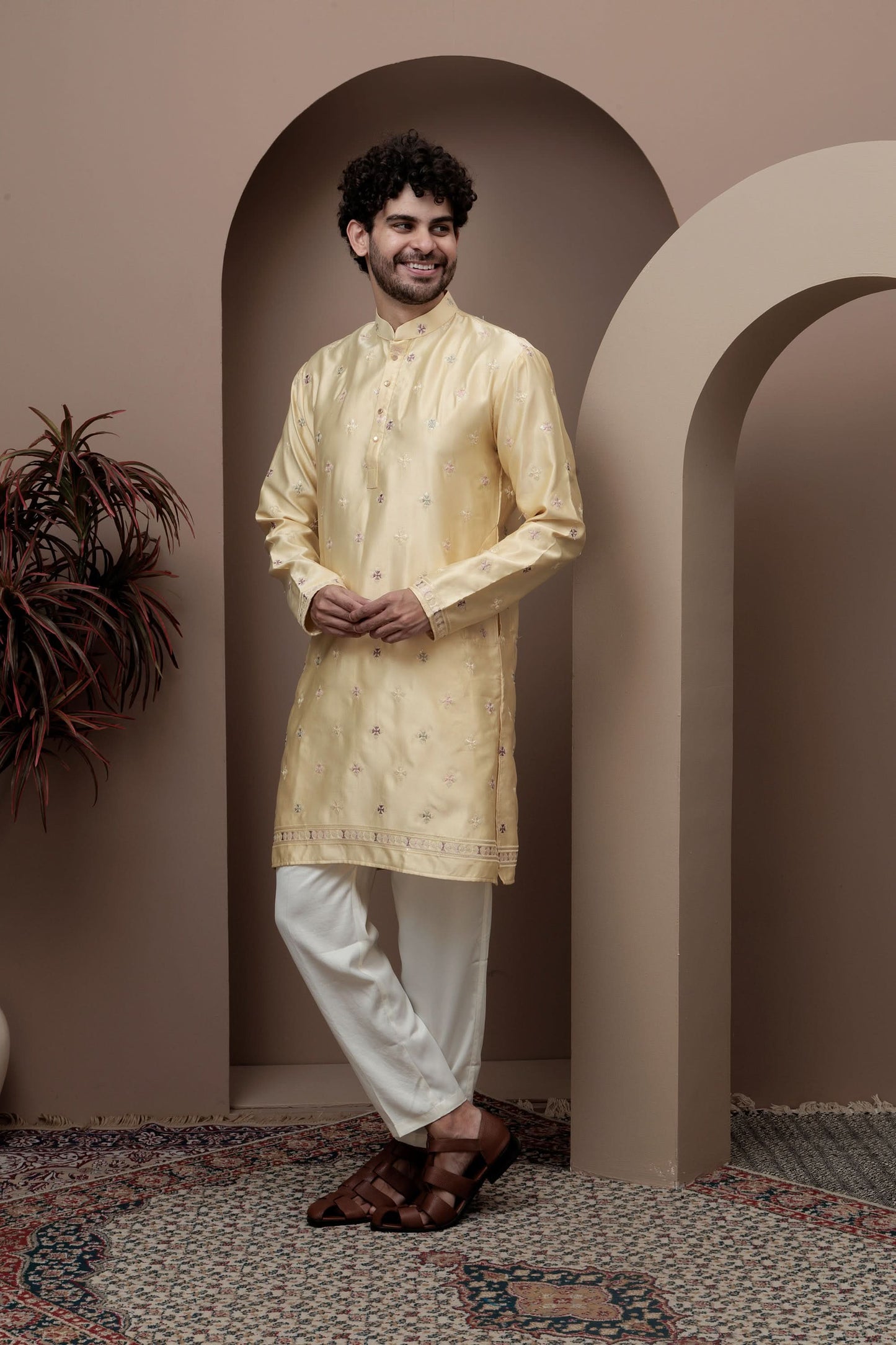 Yellow kurta pajama with matching embroidered jacket
