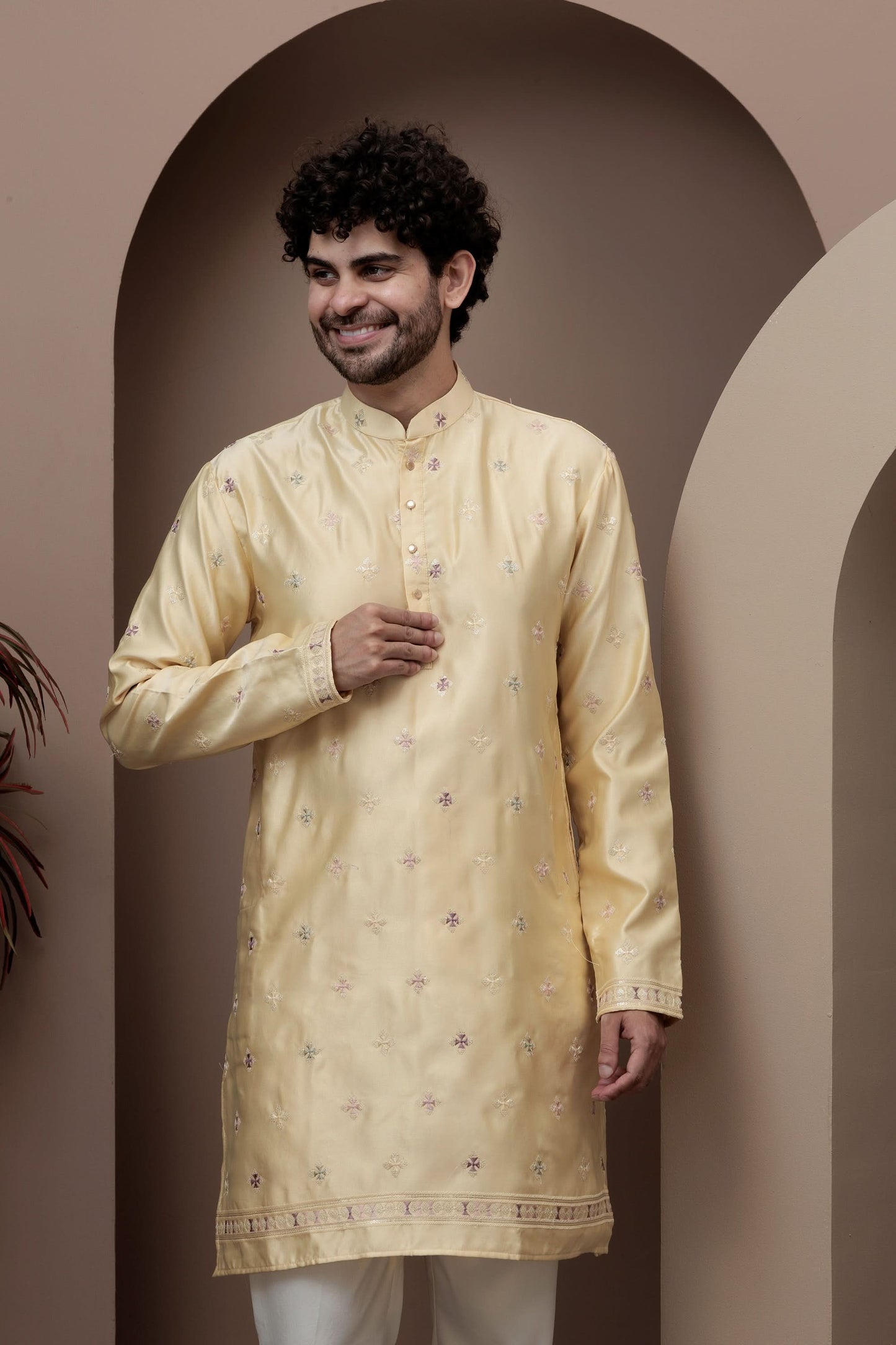 Yellow kurta pajama with matching embroidered jacket