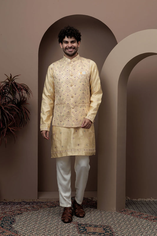Yellow kurta pajama with matching embroidered jacket