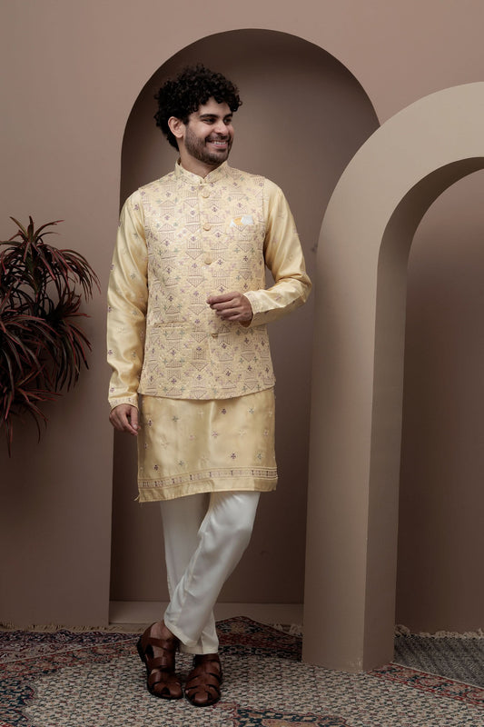 Yellow kurta pajama with matching embroidered jacket