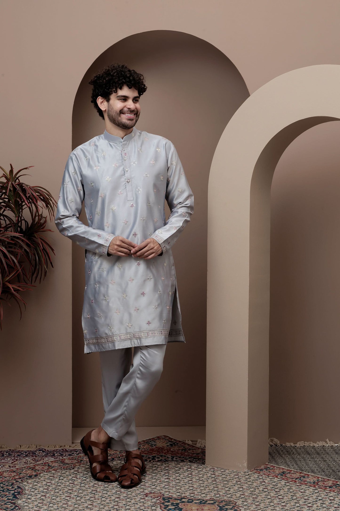 Grey kurta pajama with matching embroidered jacket