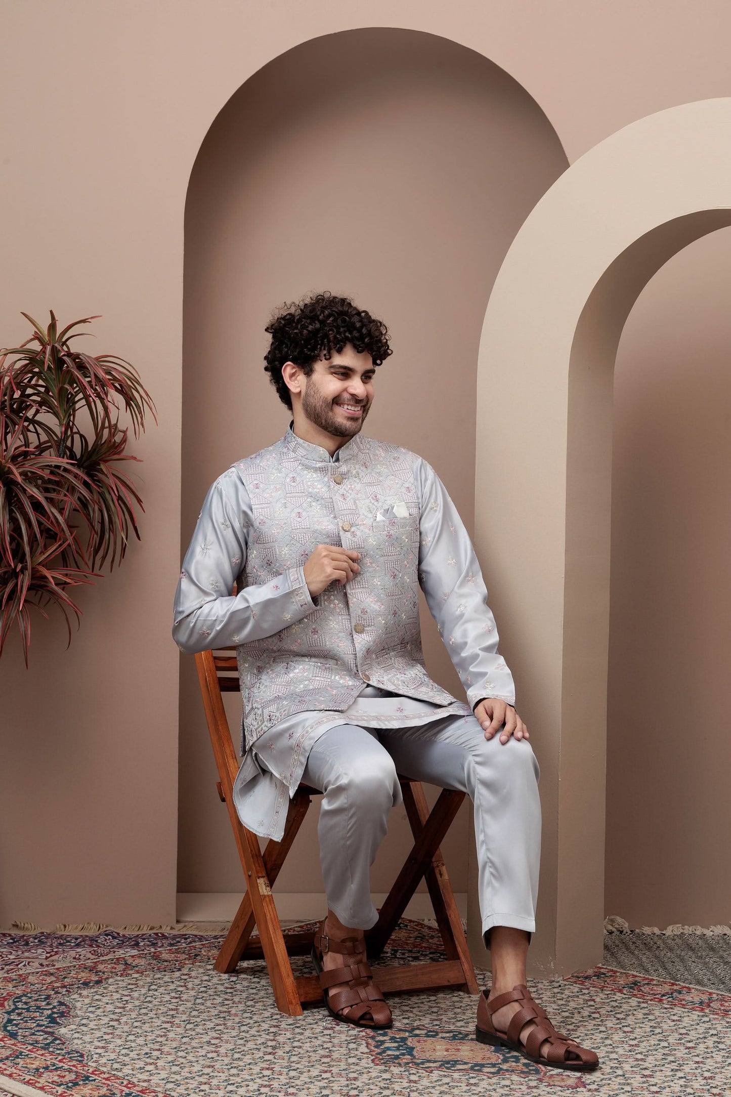 Grey kurta pajama with matching embroidered jacket
