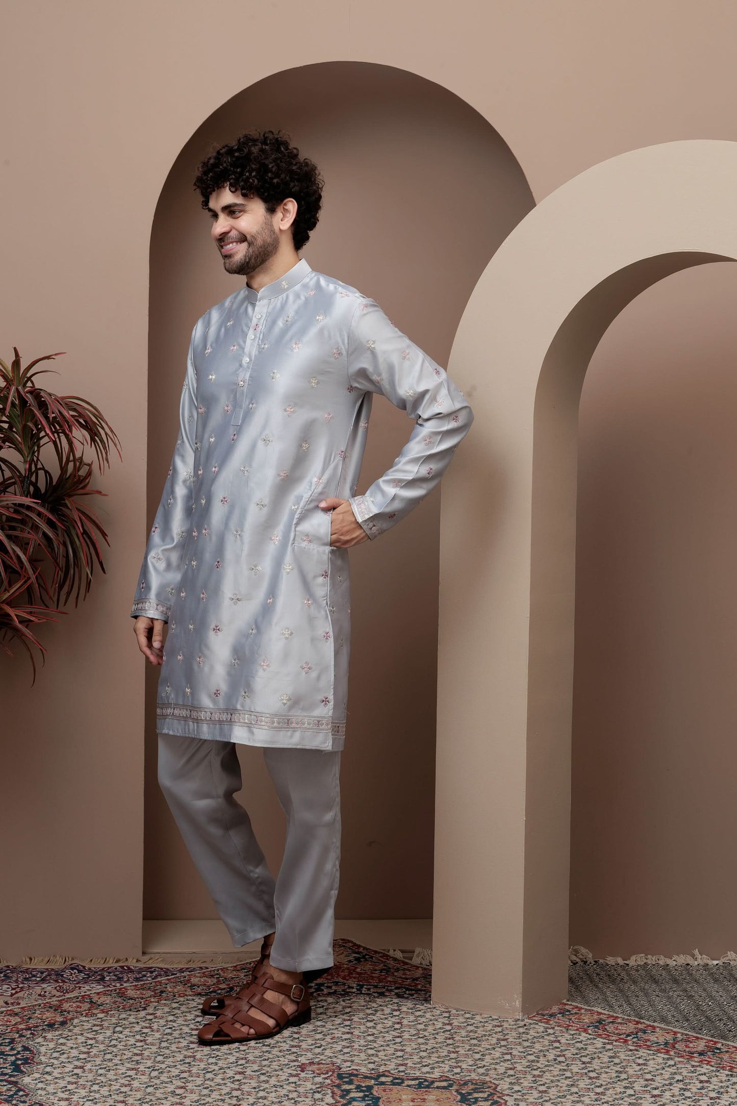 Grey kurta pajama with matching embroidered jacket