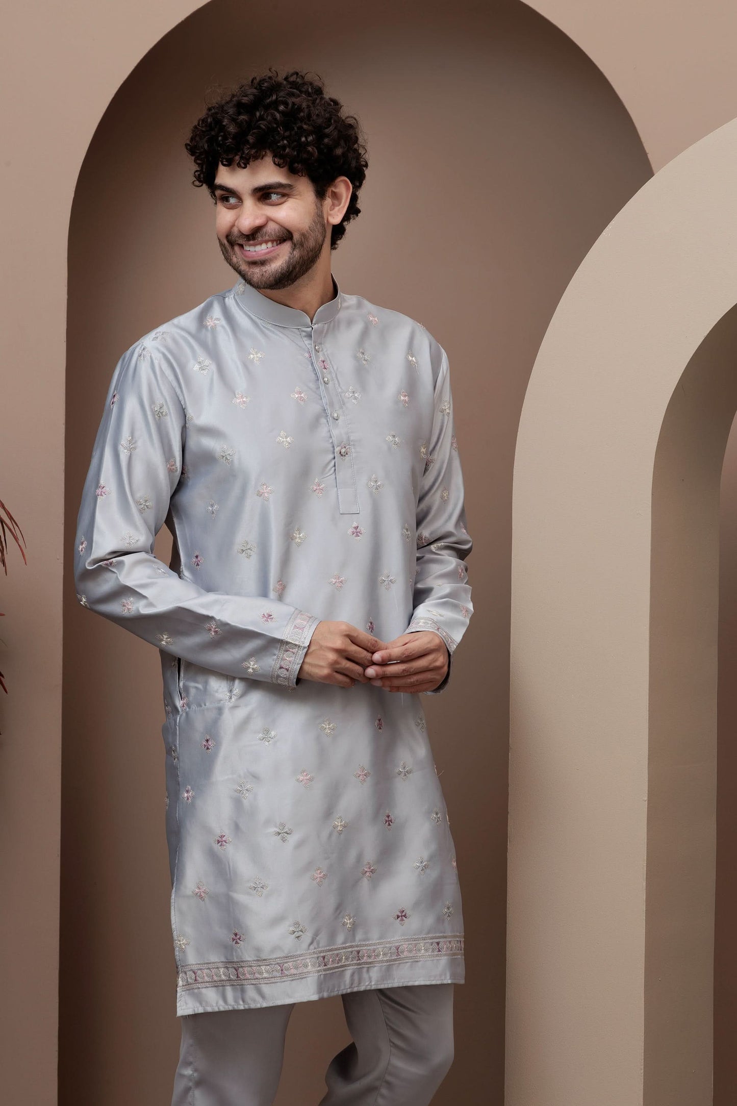 Grey kurta pajama with matching embroidered jacket