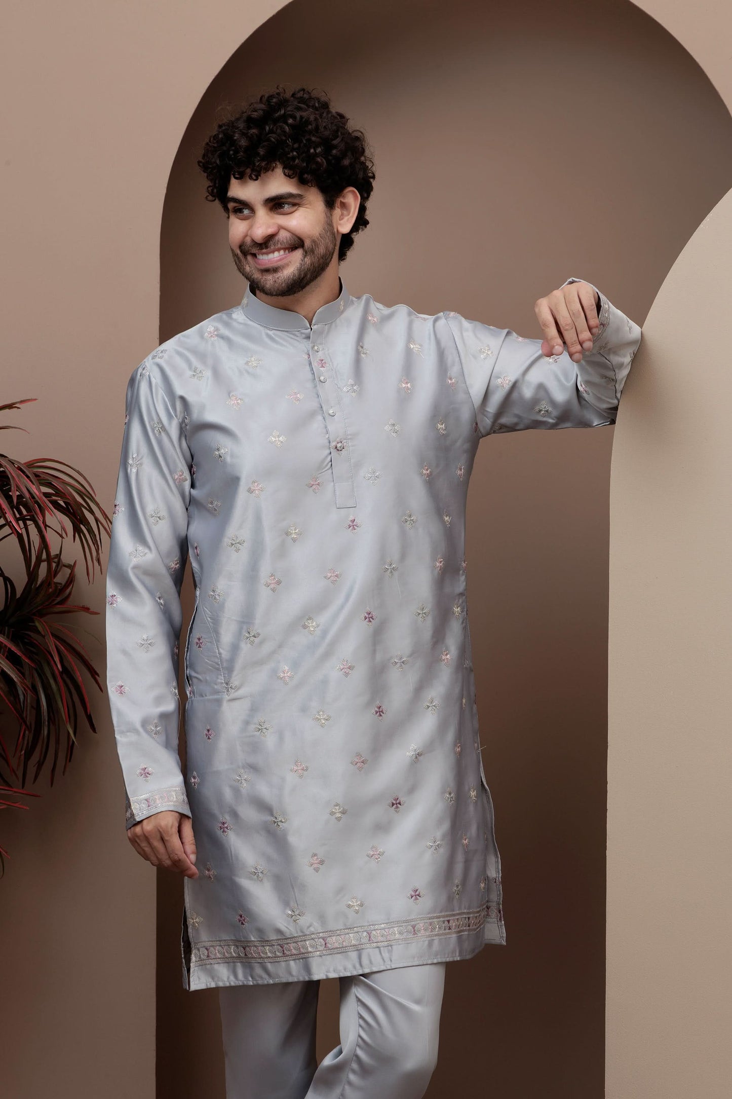Grey kurta pajama with matching embroidered jacket