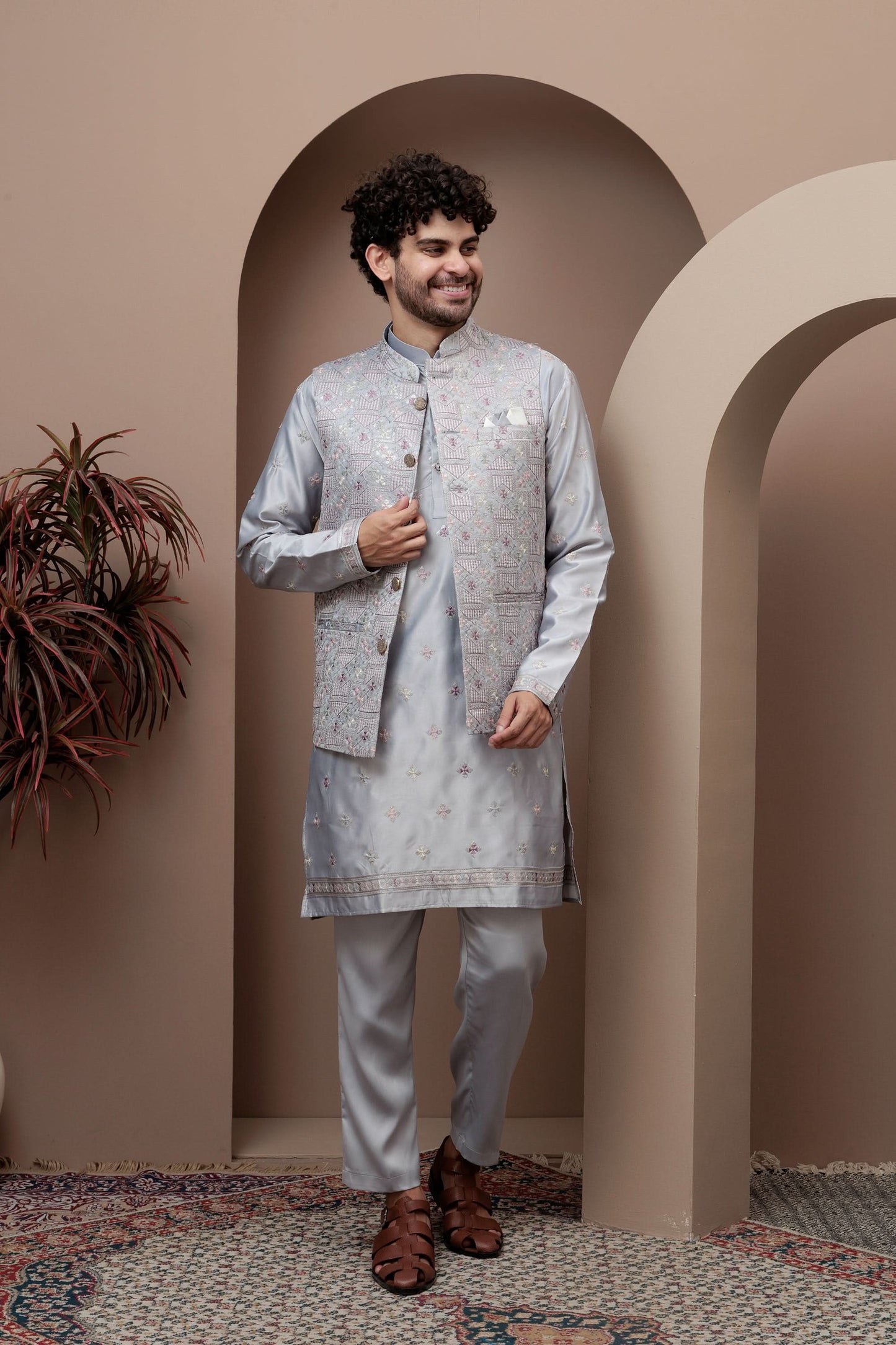 Grey kurta pajama with matching embroidered jacket