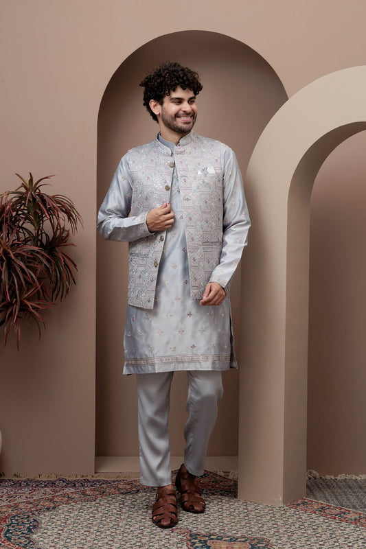 Grey kurta pajama with matching embroidered jacket