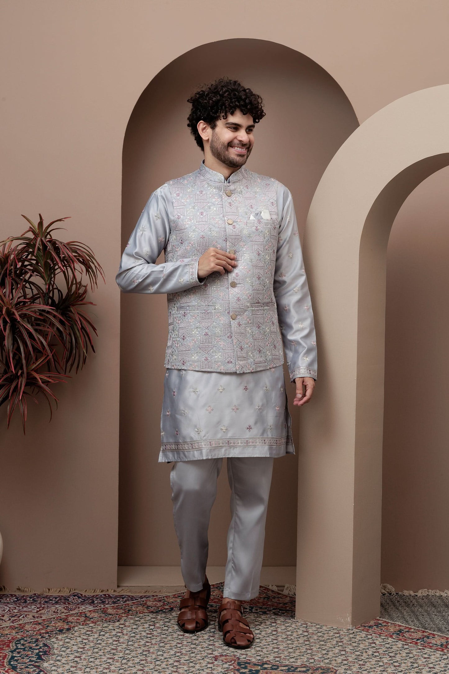 Grey kurta pajama with matching embroidered jacket