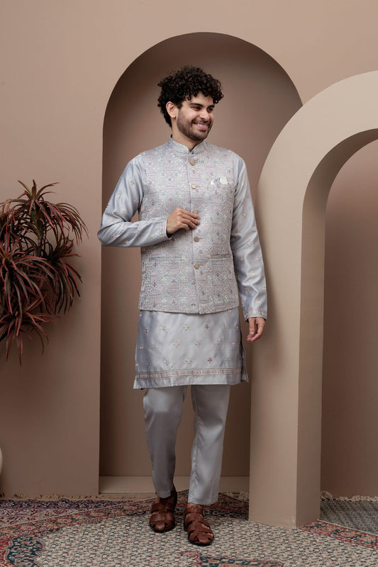 Grey kurta pajama with matching embroidered jacket