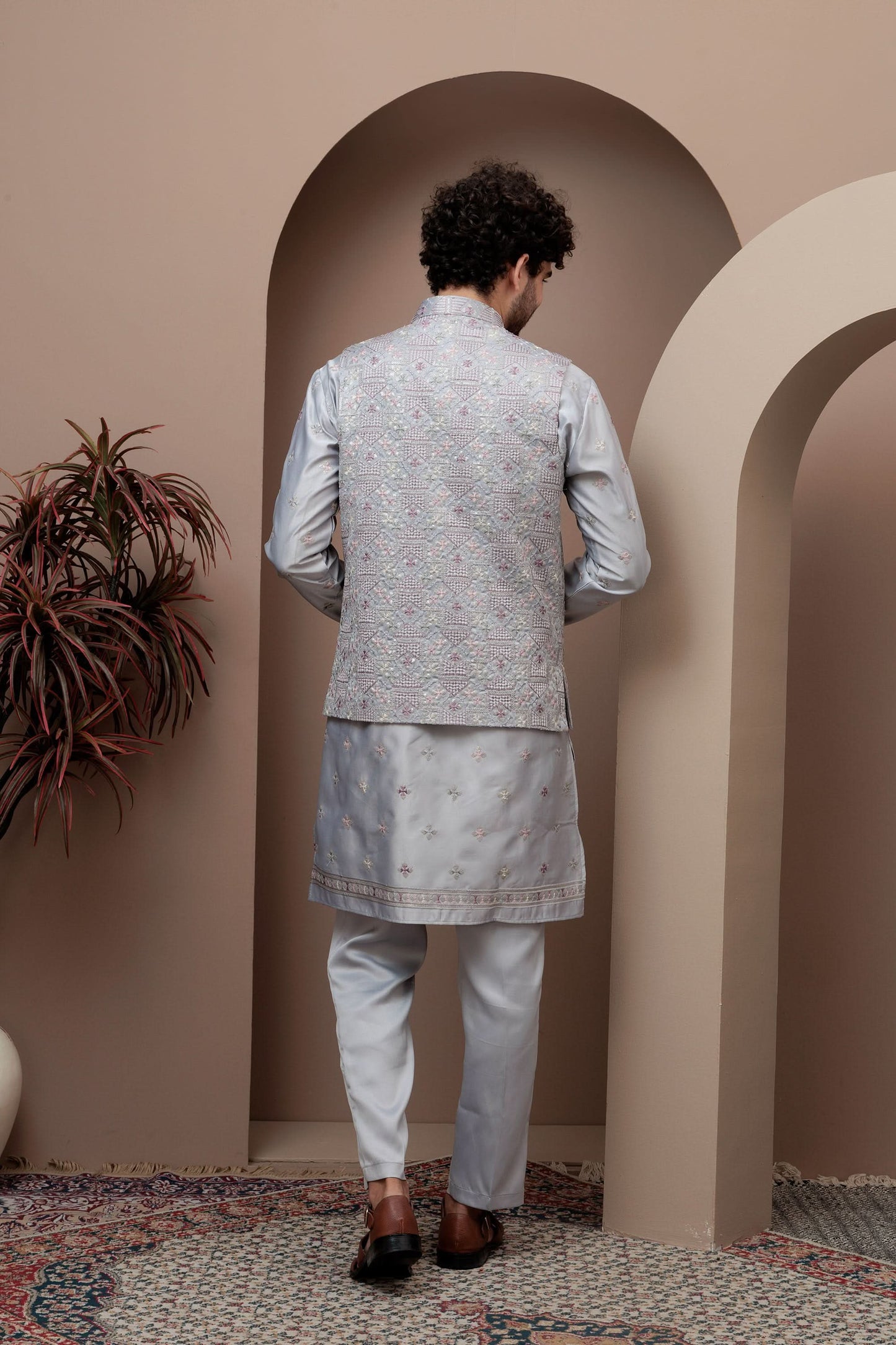 Grey kurta pajama with matching embroidered jacket