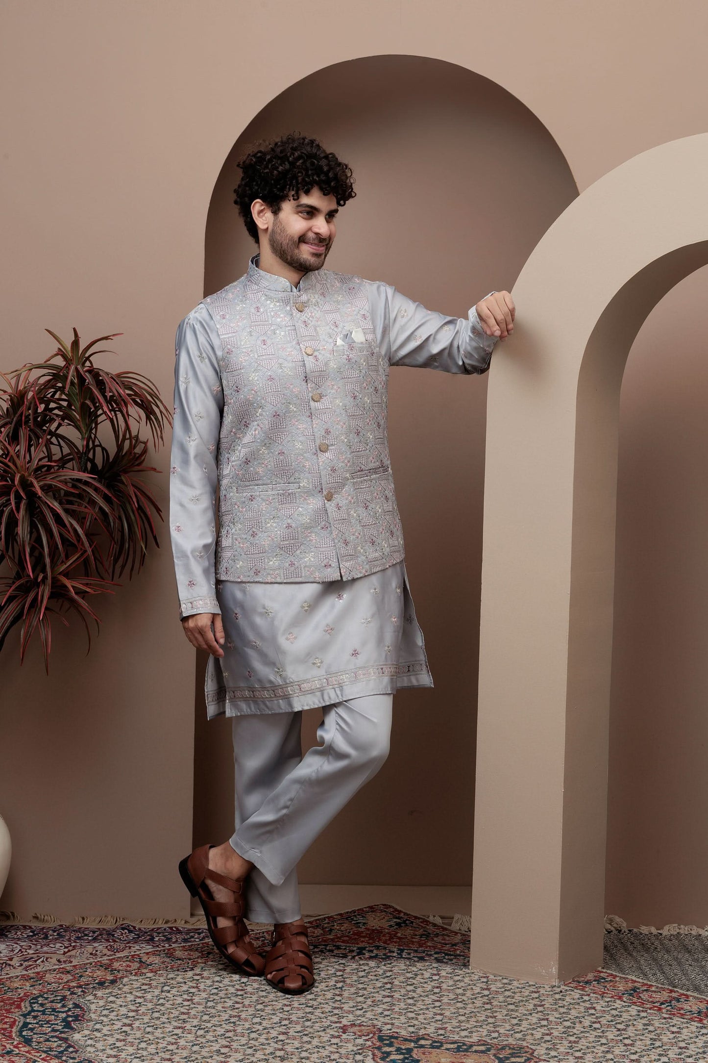 Grey kurta pajama with matching embroidered jacket